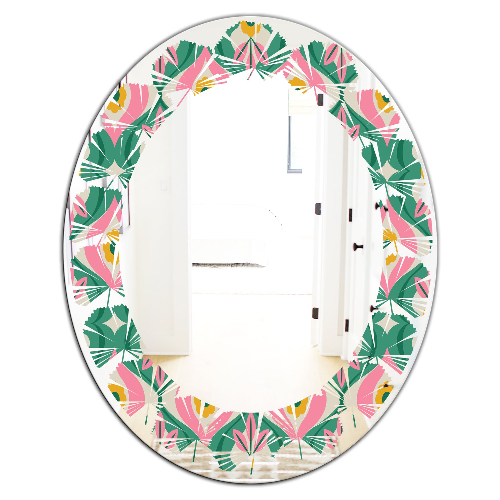 retro pattern with flowers and leaves - Modern Round or Oval Wall Mirror - Leaves
