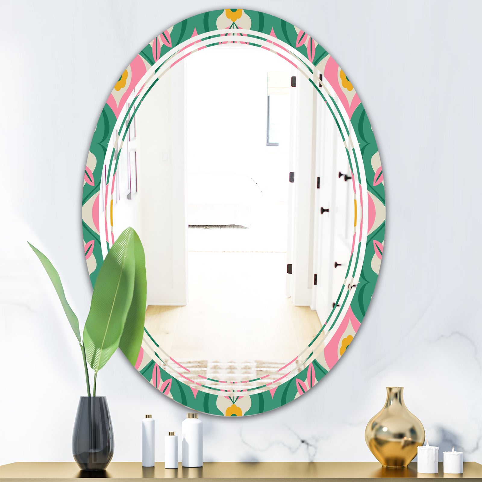 retro pattern with flowers and leaves - Modern Round or Oval Wall Mirror - Triple C
