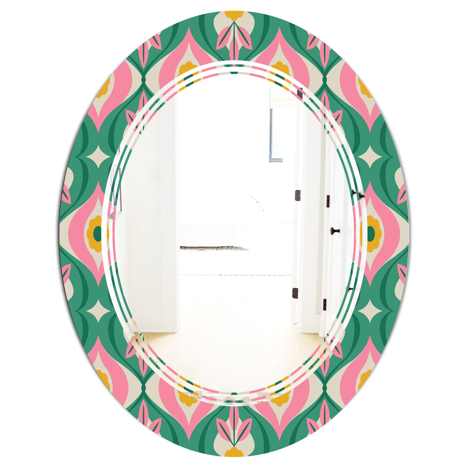 retro pattern with flowers and leaves - Modern Round or Oval Wall Mirror - Triple C