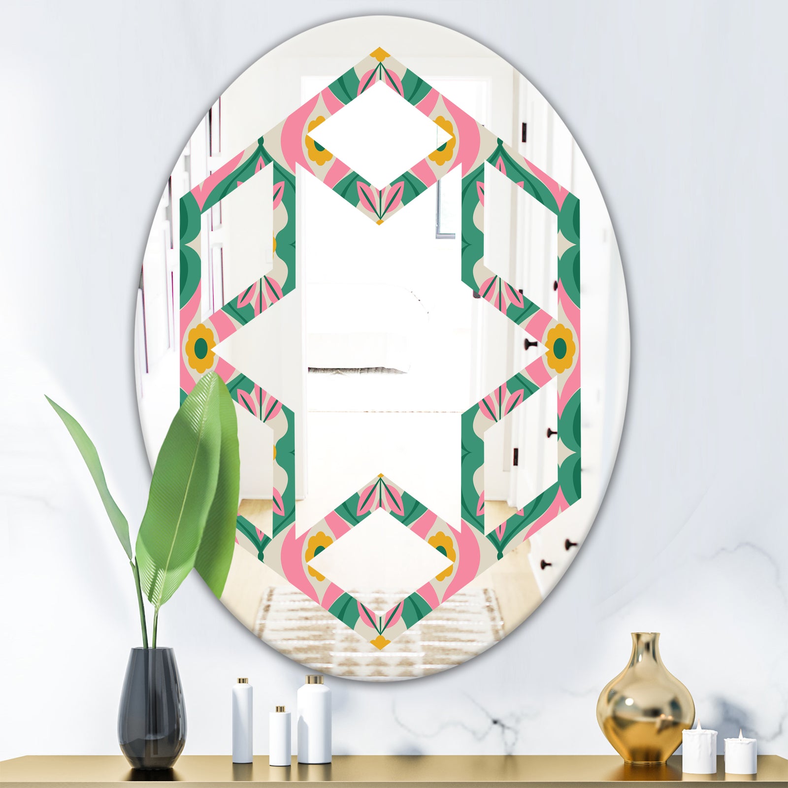 retro pattern with flowers and leaves - Modern Round or Oval Wall Mirror - Hexagon Star