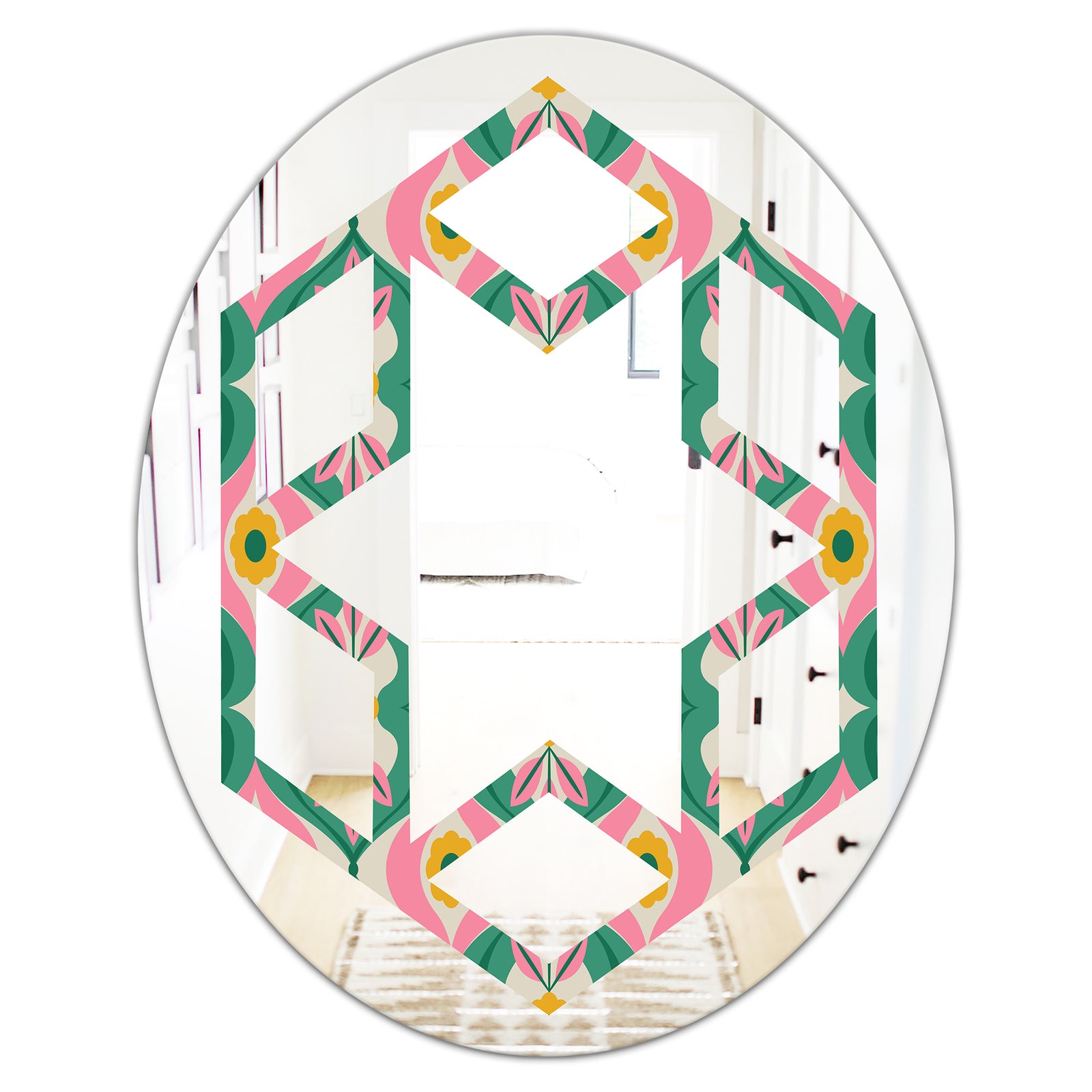 retro pattern with flowers and leaves - Modern Round or Oval Wall Mirror - Hexagon Star