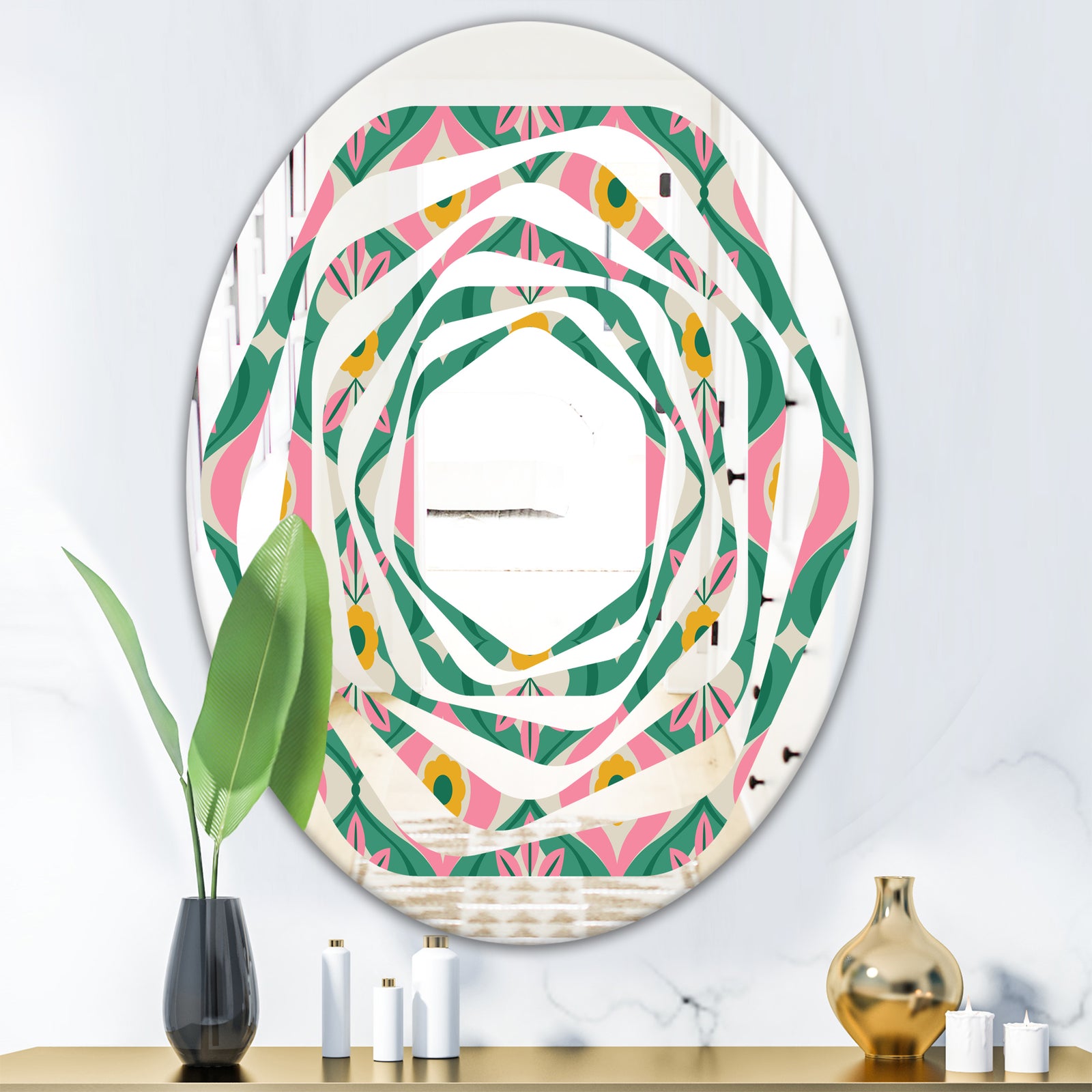retro pattern with flowers and leaves - Modern Round or Oval Wall Mirror - Whirl