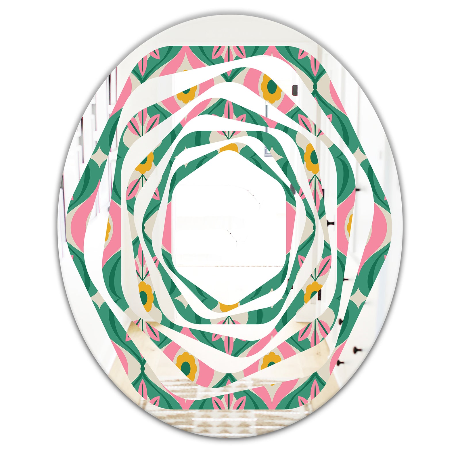 retro pattern with flowers and leaves - Modern Round or Oval Wall Mirror - Whirl