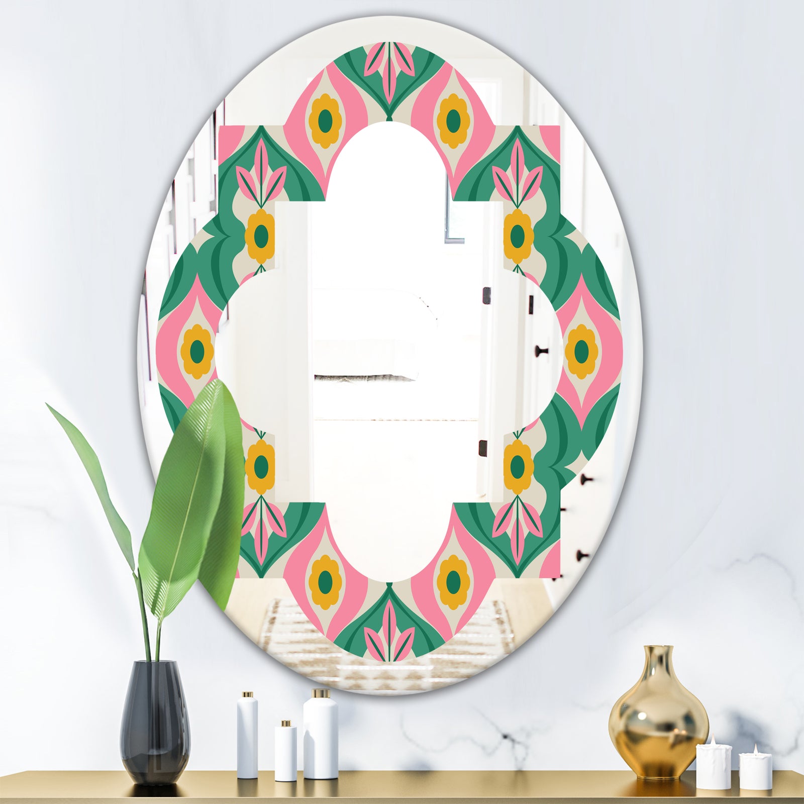 retro pattern with flowers and leaves - Modern Round or Oval Wall Mirror - Quatrefoil