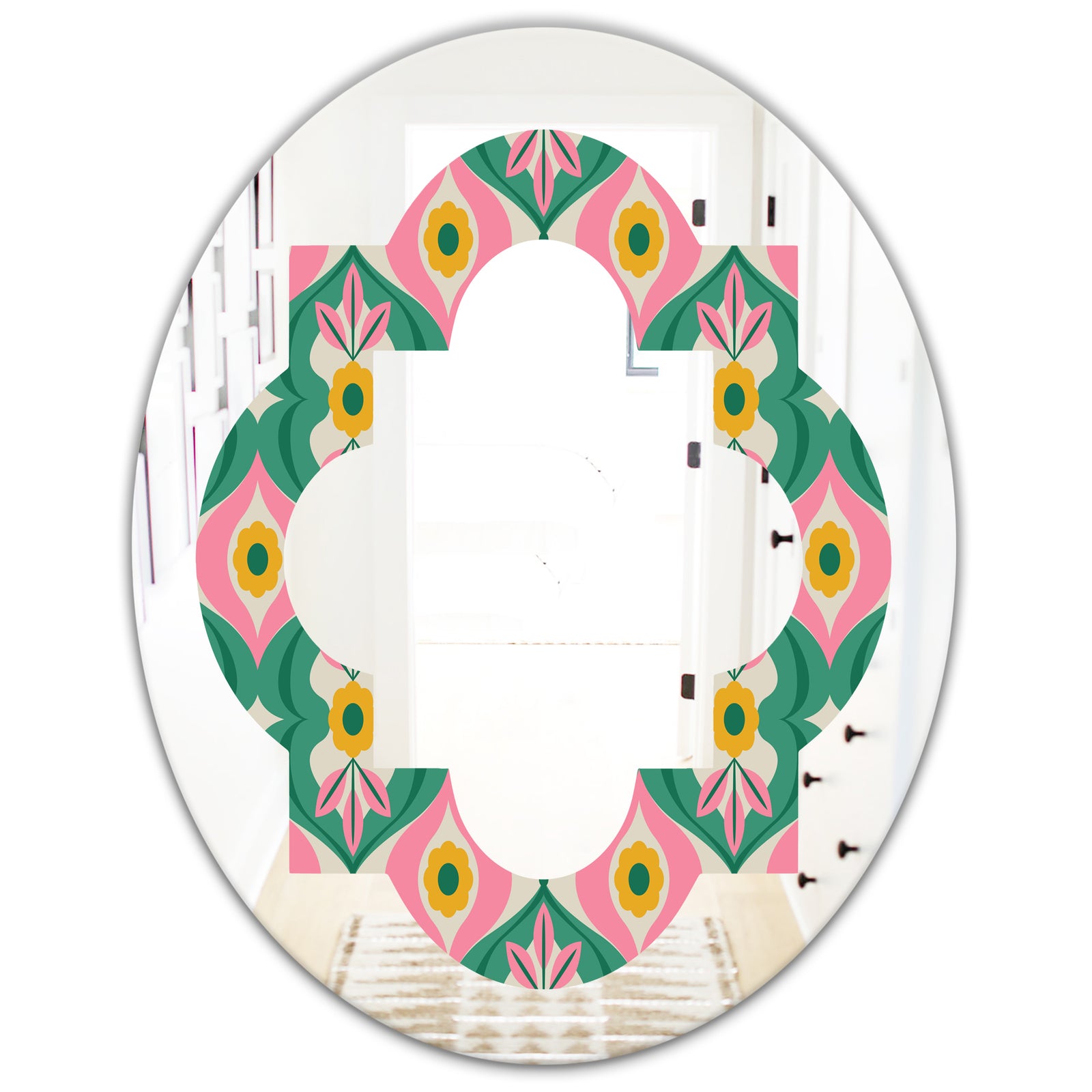 retro pattern with flowers and leaves - Modern Round or Oval Wall Mirror - Quatrefoil