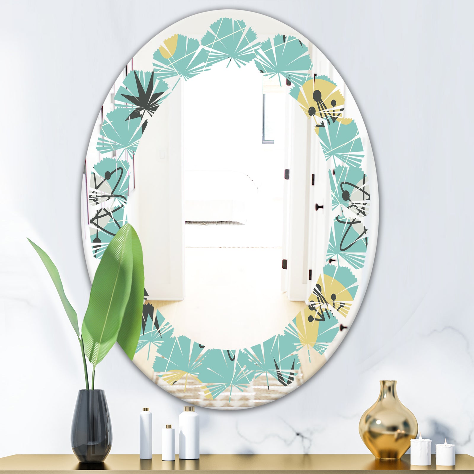 1950 Retro Pattern I - Modern Round or Oval Wall Mirror - Leaves
