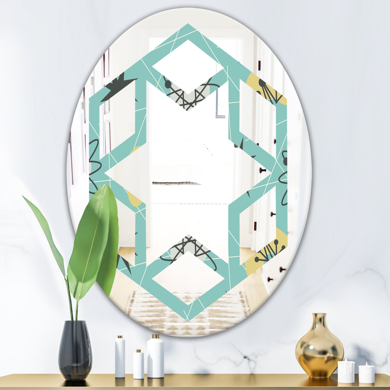1950 Retro Pattern I - Modern Round or Oval Wall Mirror - Hexagon Star