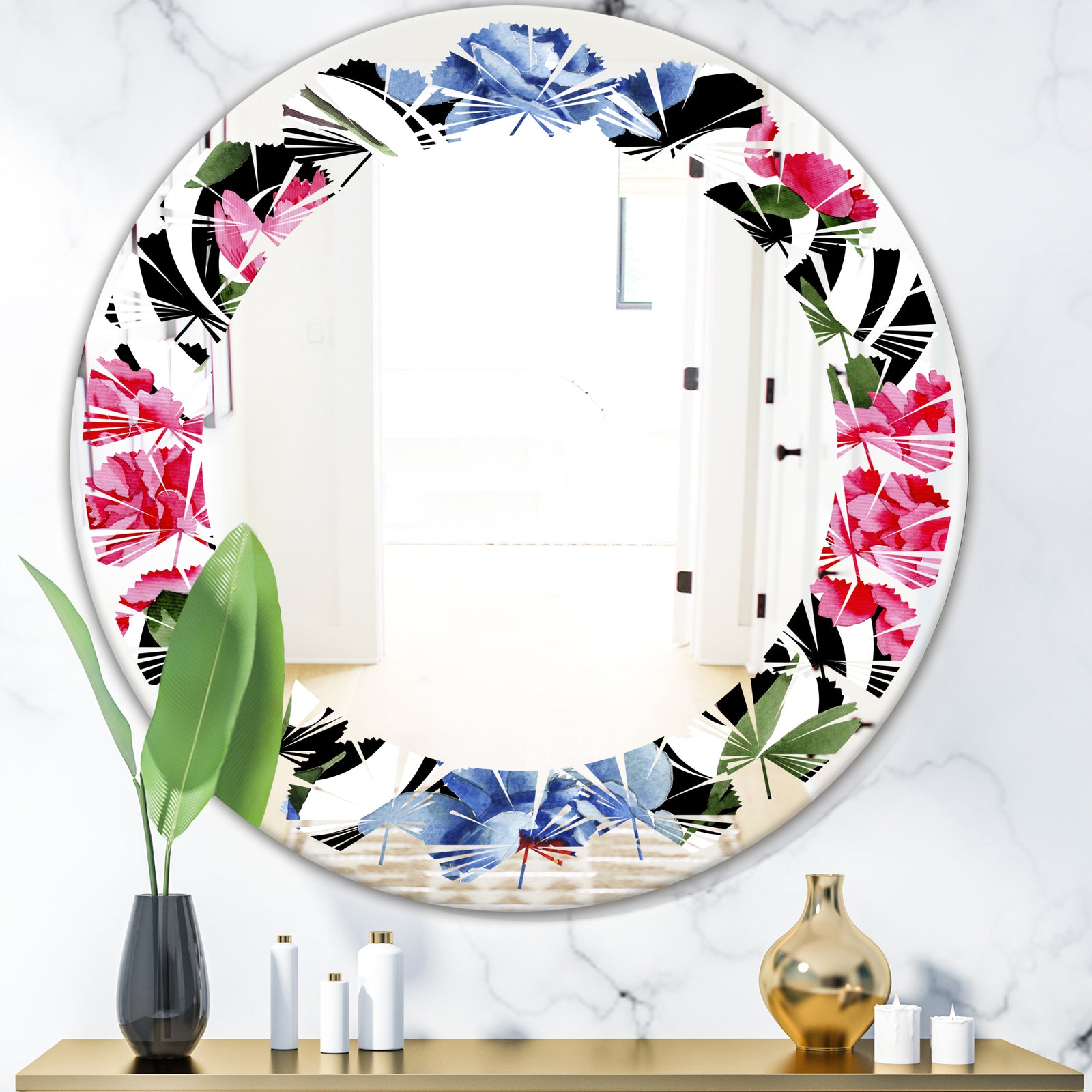 Floral Retro Pattern I - Modern Round or Oval Wall Mirror - Leaves