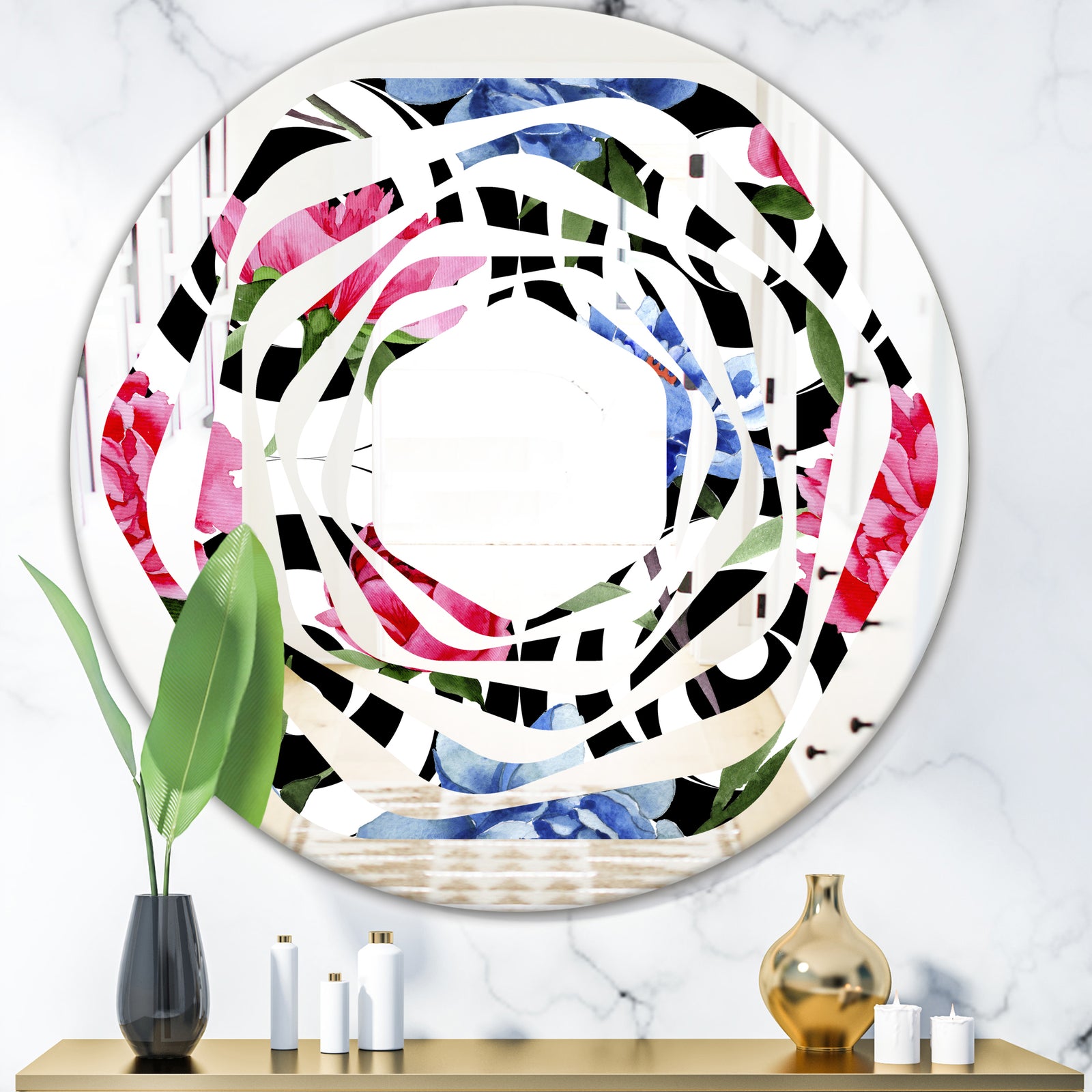 Floral Retro Pattern I - Modern Round or Oval Wall Mirror - Whirl