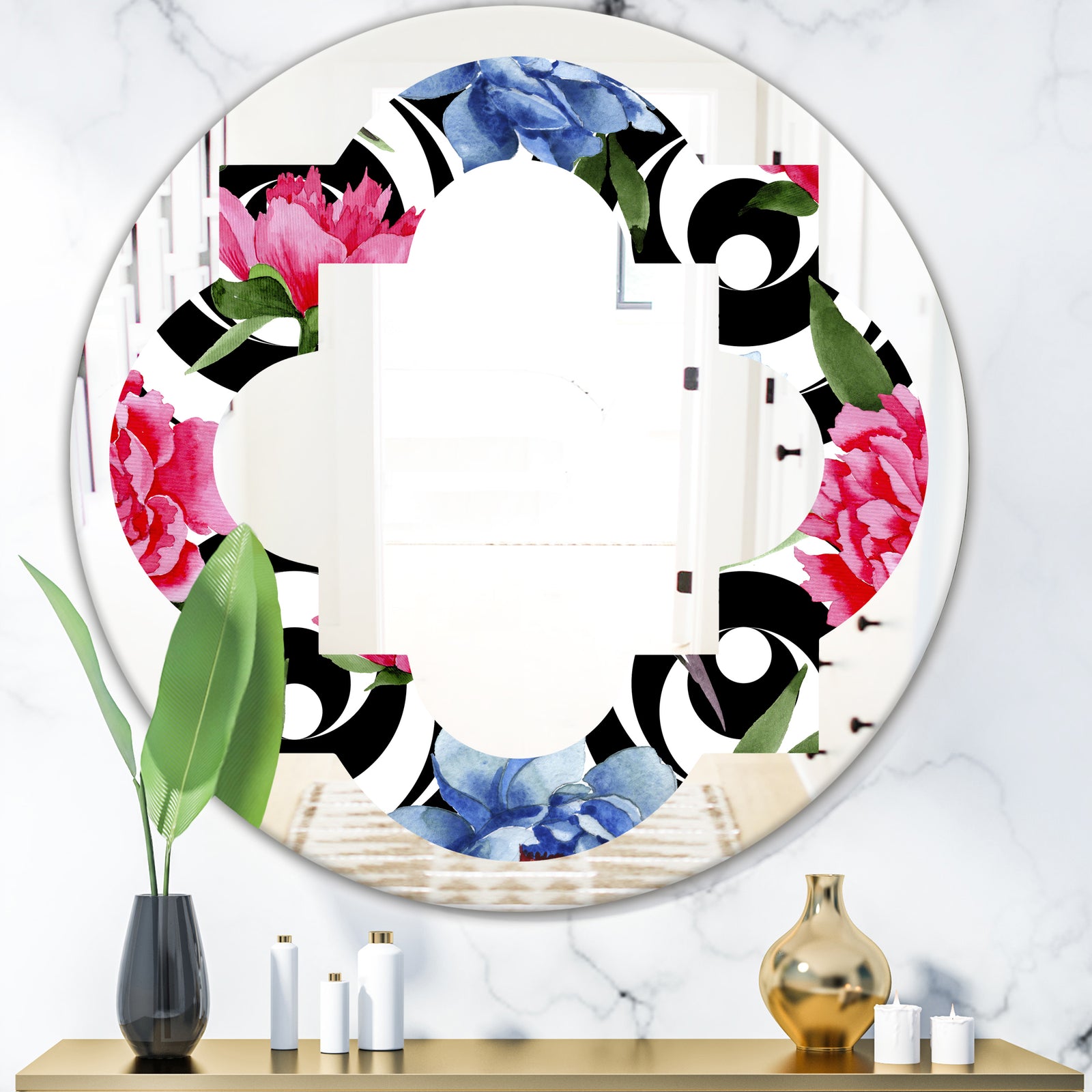 Floral Retro Pattern I - Modern Round or Oval Wall Mirror - Quatrefoil