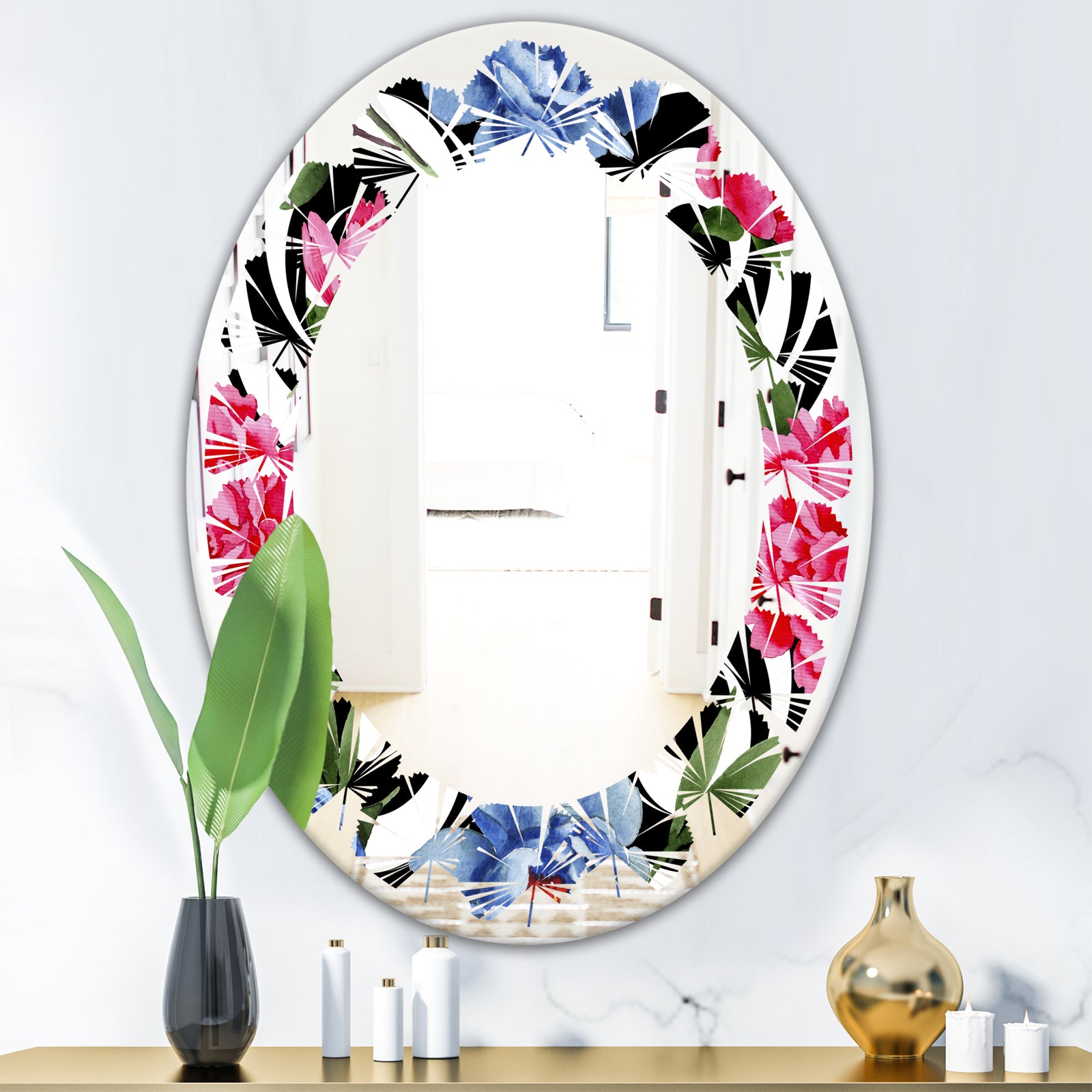 Floral Retro Pattern I - Modern Round or Oval Wall Mirror - Leaves