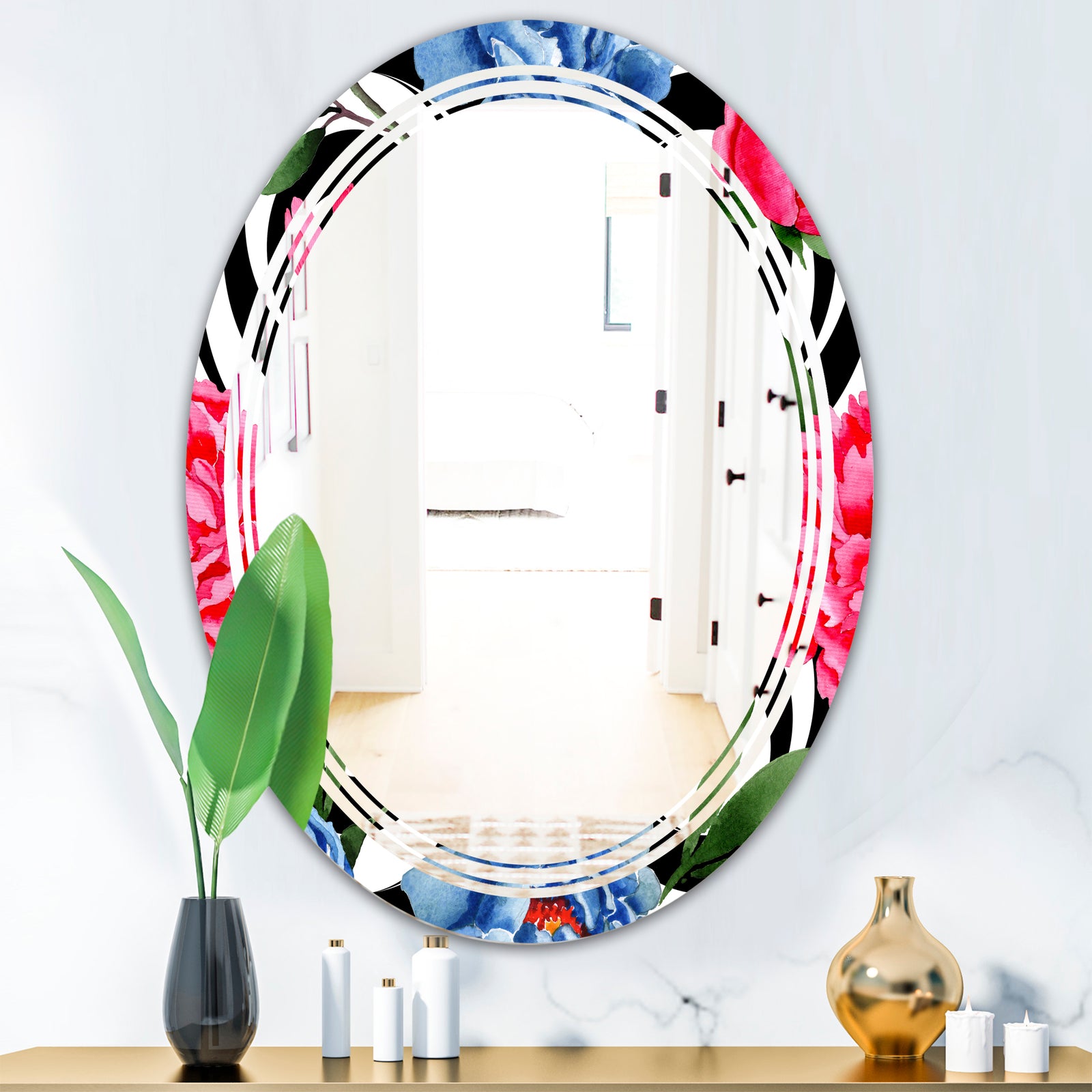 Floral Retro Pattern I - Modern Round or Oval Wall Mirror - Triple C
