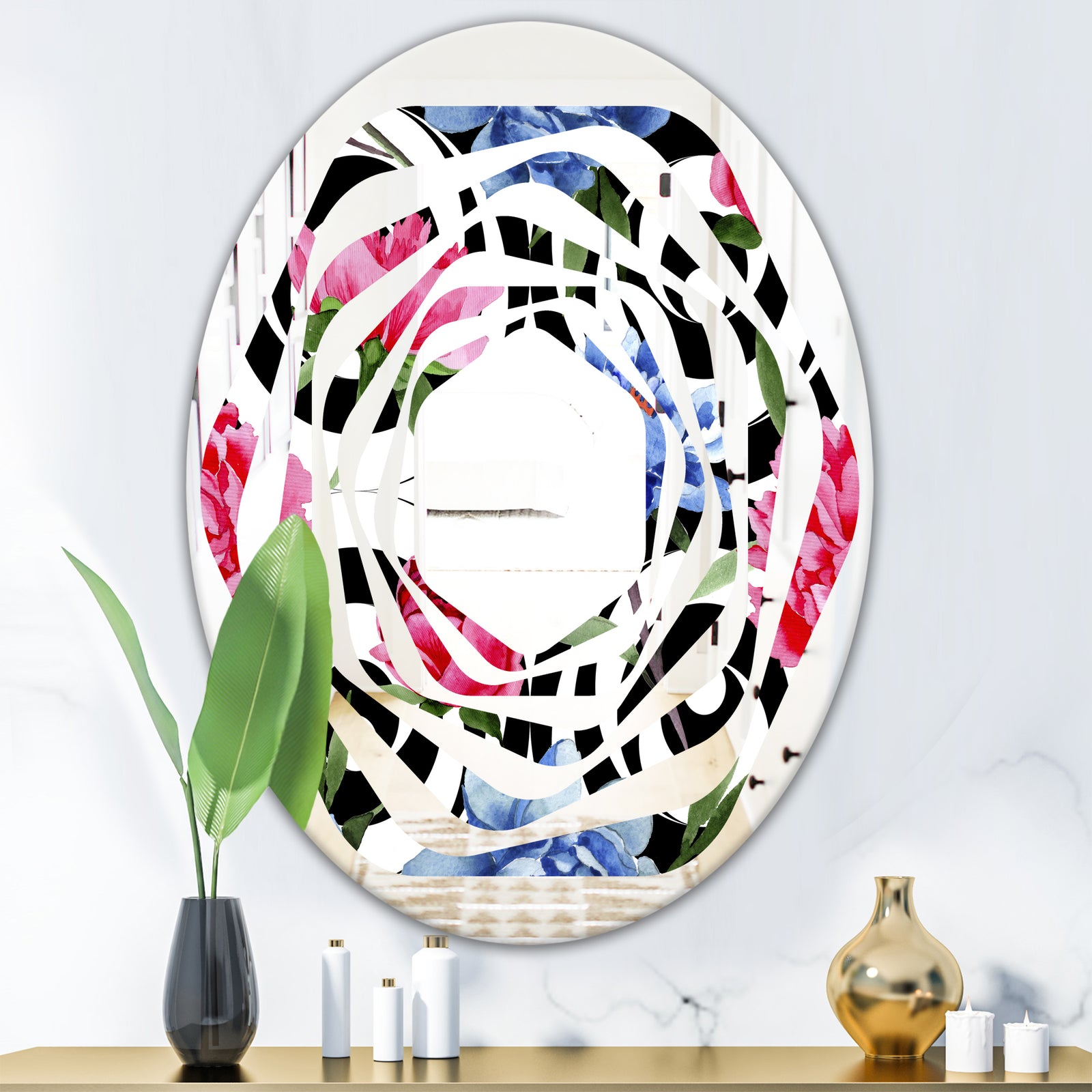 Floral Retro Pattern I - Modern Round or Oval Wall Mirror - Whirl