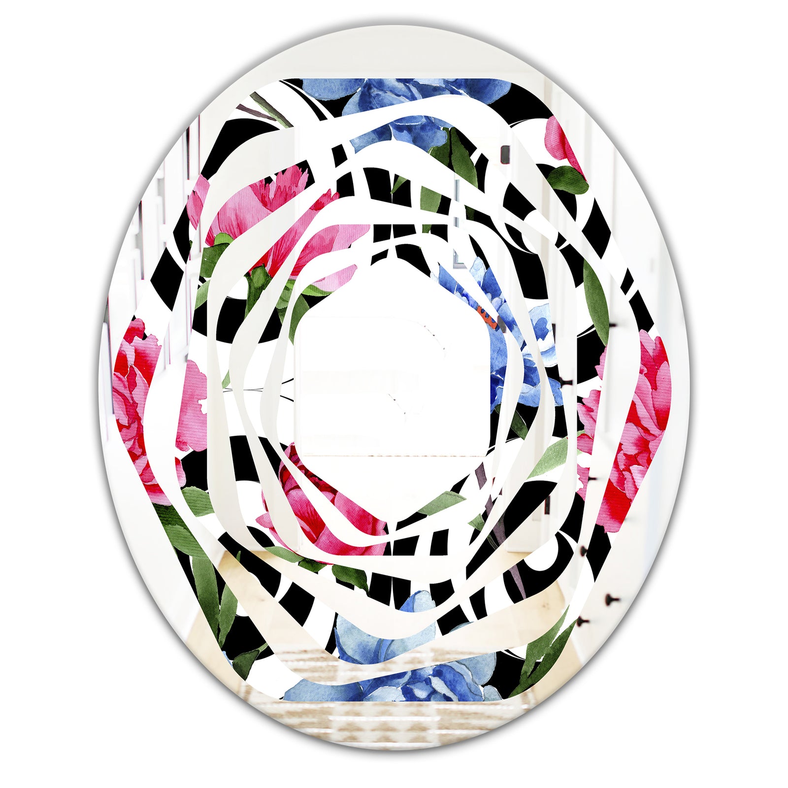 Floral Retro Pattern I - Modern Round or Oval Wall Mirror - Whirl