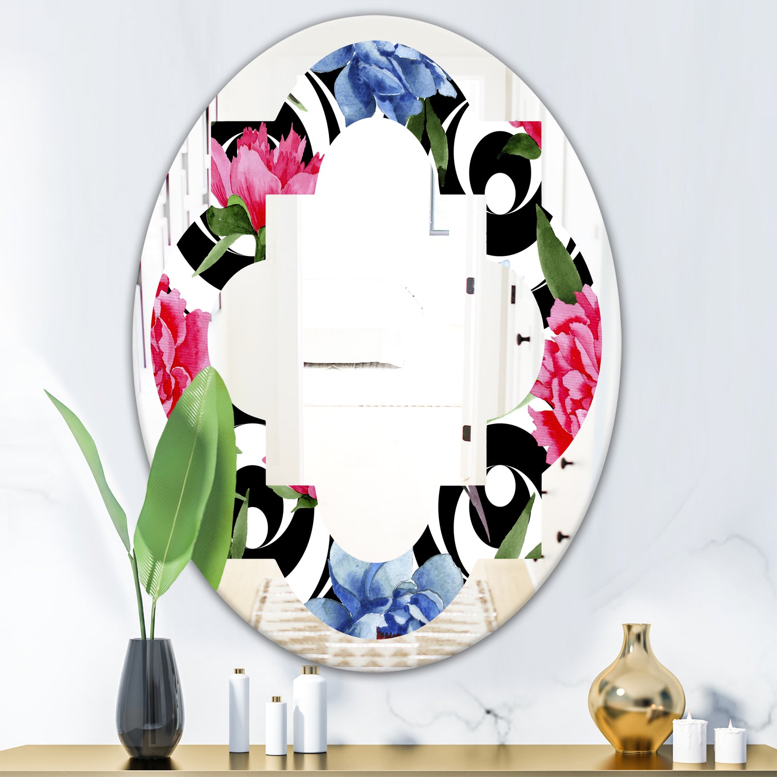 Floral Retro Pattern I - Modern Round or Oval Wall Mirror - Quatrefoil