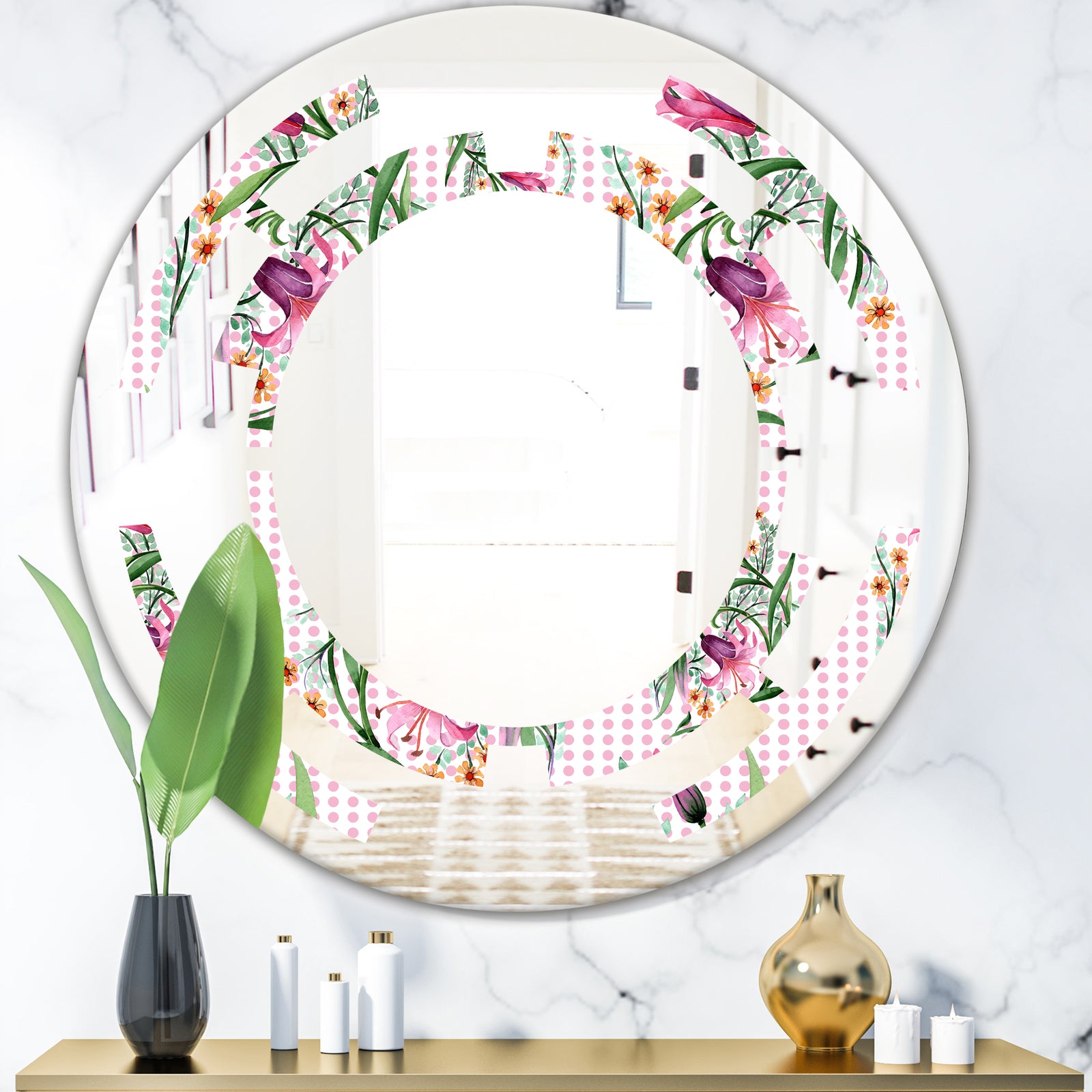 Floral Botanical Retro X - Modern Round or Oval Wall Mirror - Space