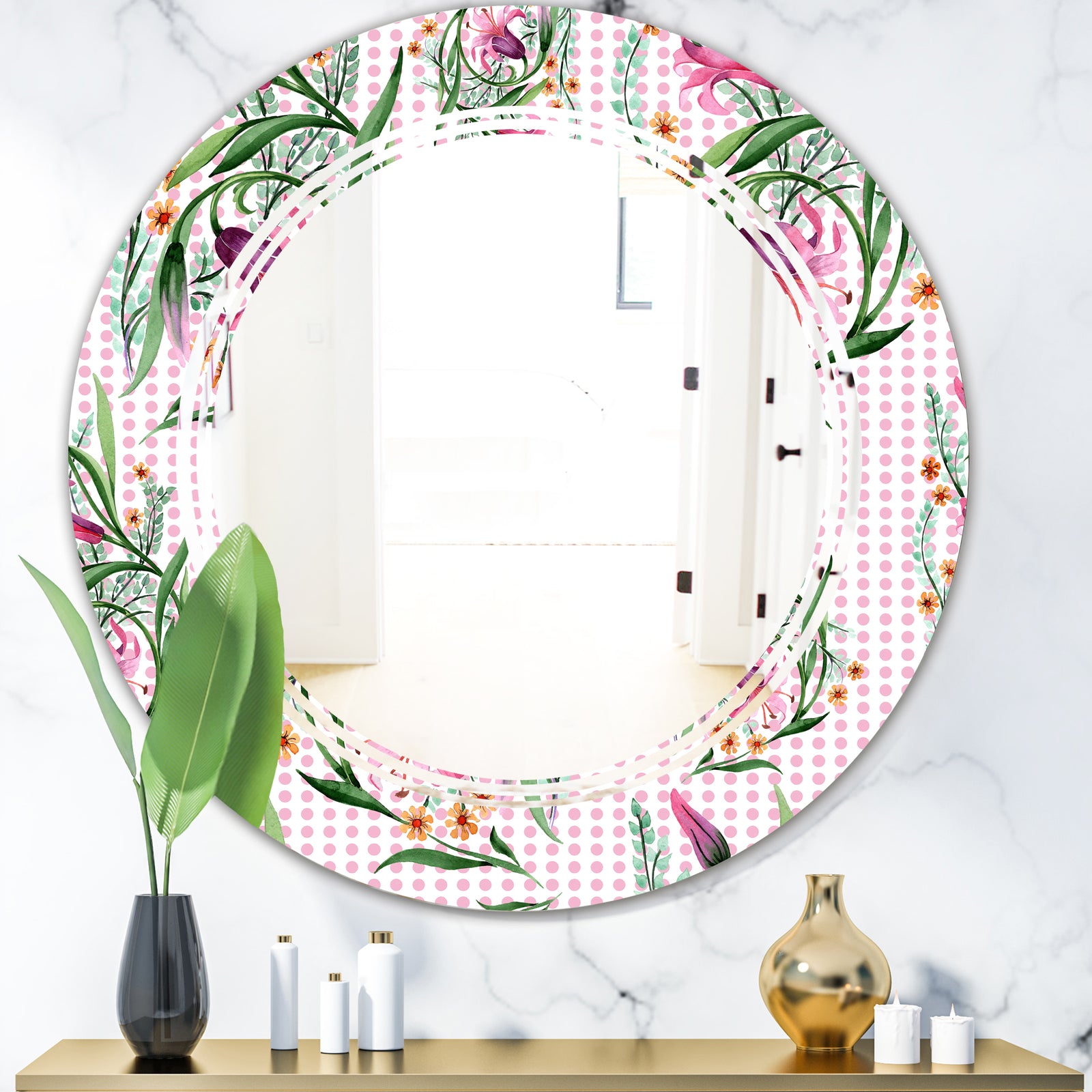 Floral Botanical Retro X - Modern Round or Oval Wall Mirror - Triple C