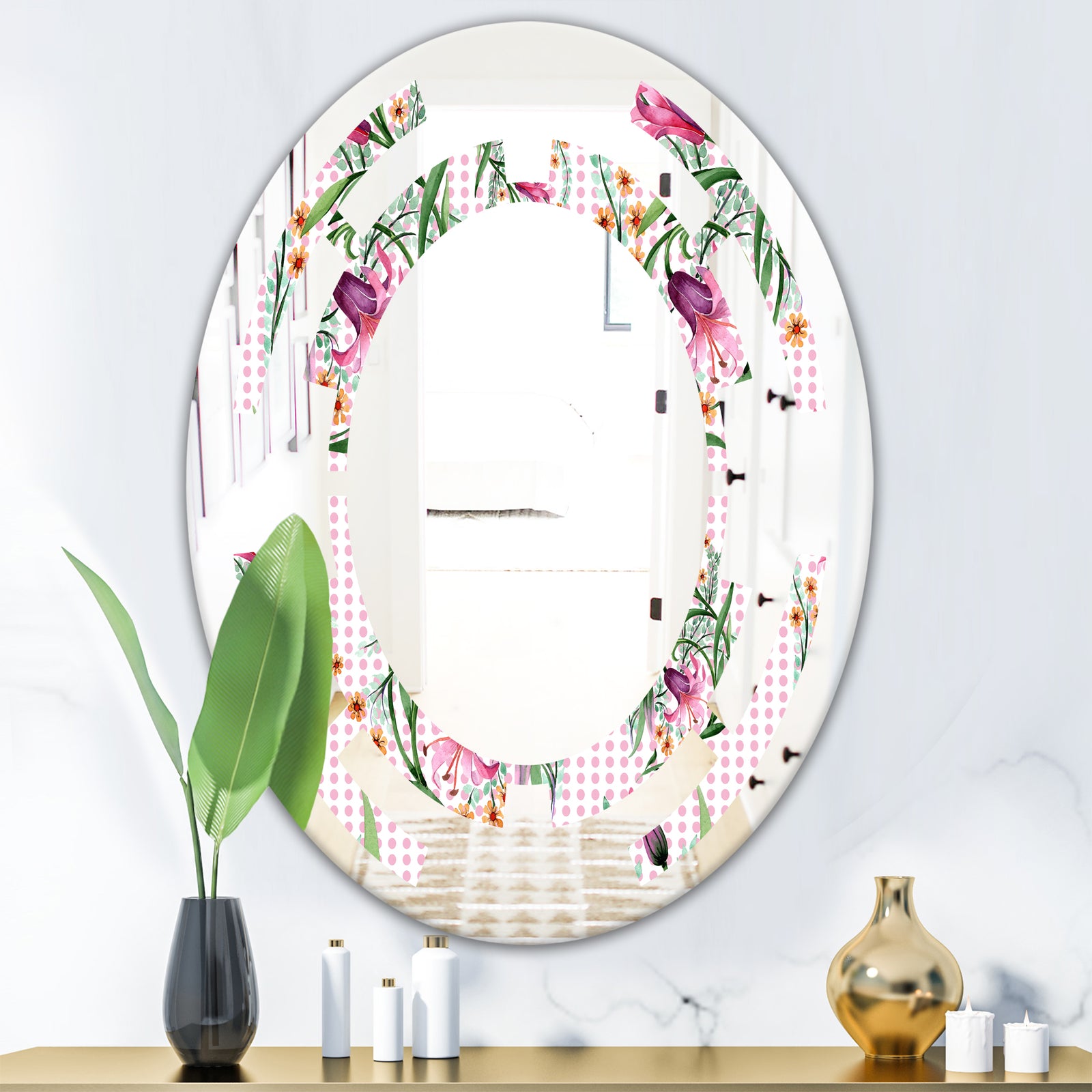 Floral Botanical Retro X - Modern Round or Oval Wall Mirror - Space