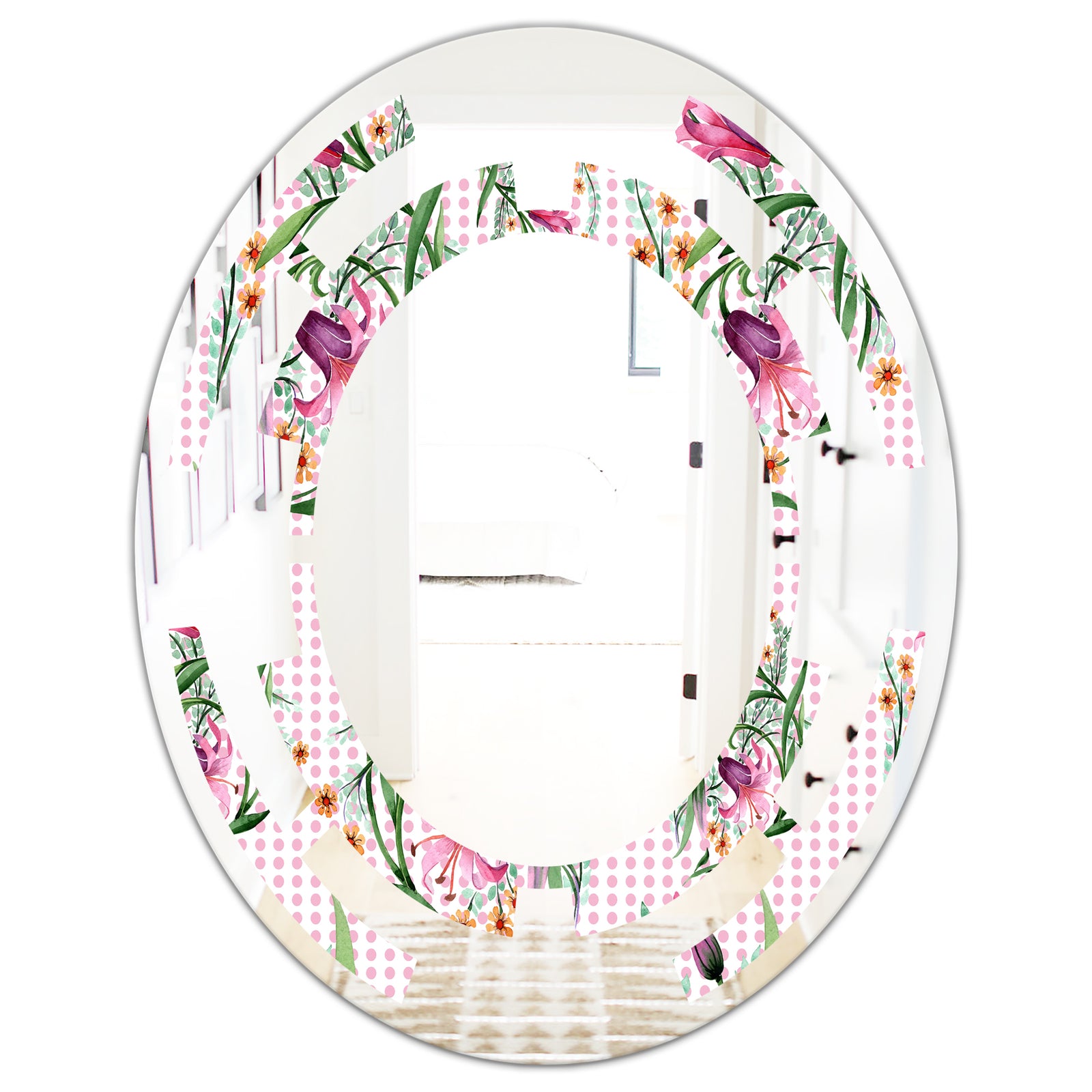 Floral Botanical Retro X - Modern Round or Oval Wall Mirror - Space