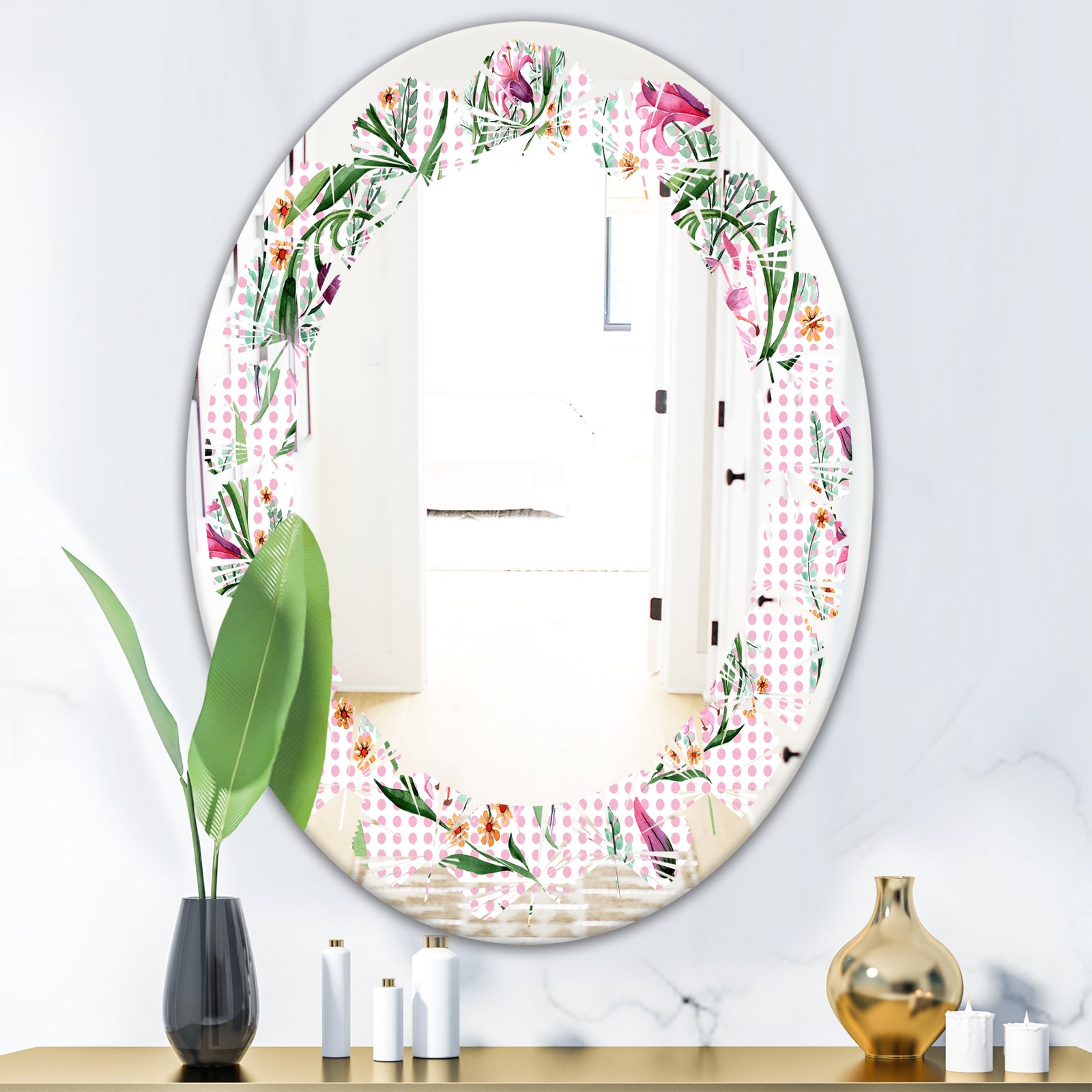 Floral Botanical Retro X - Modern Round or Oval Wall Mirror - Leaves
