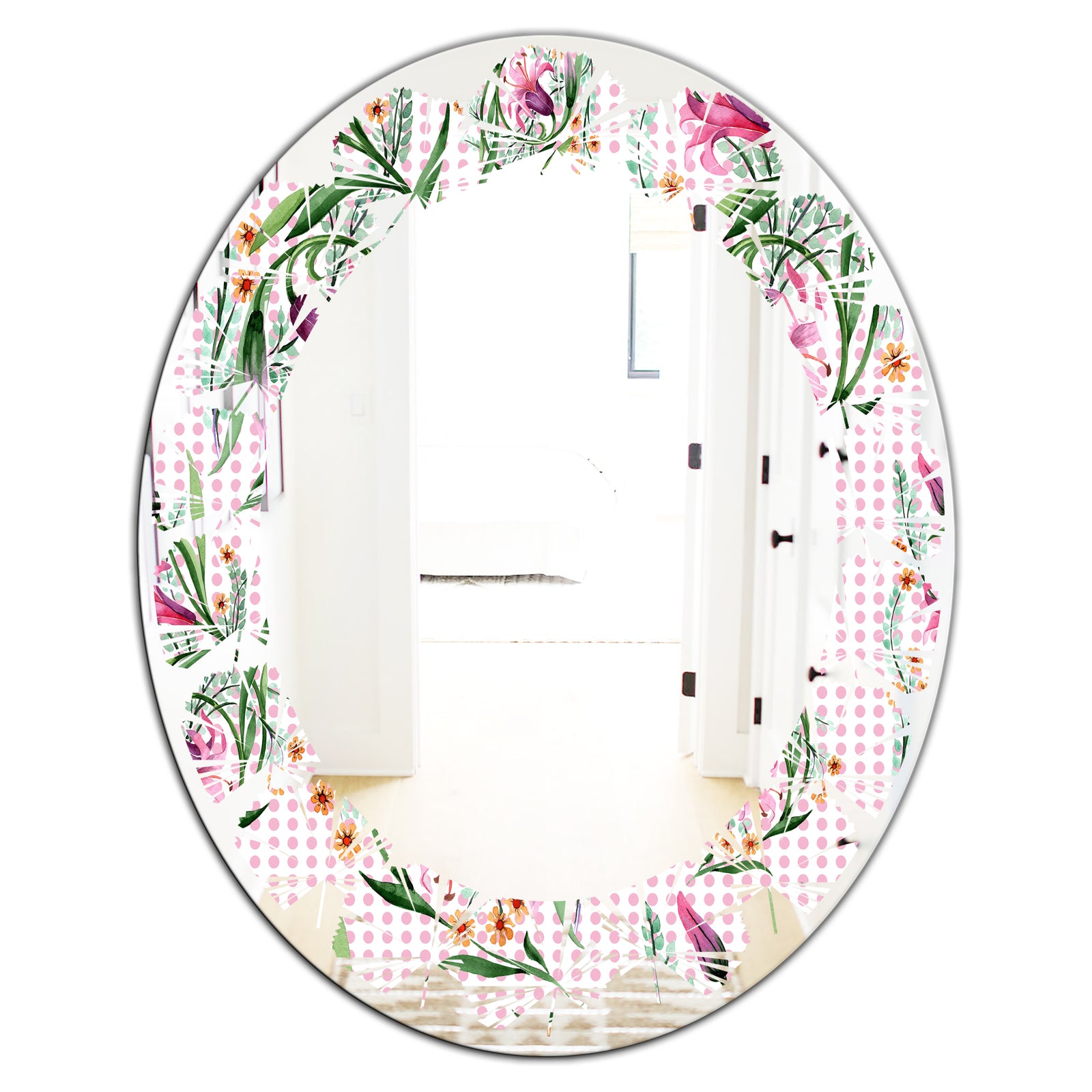 Floral Botanical Retro X - Modern Round or Oval Wall Mirror - Leaves