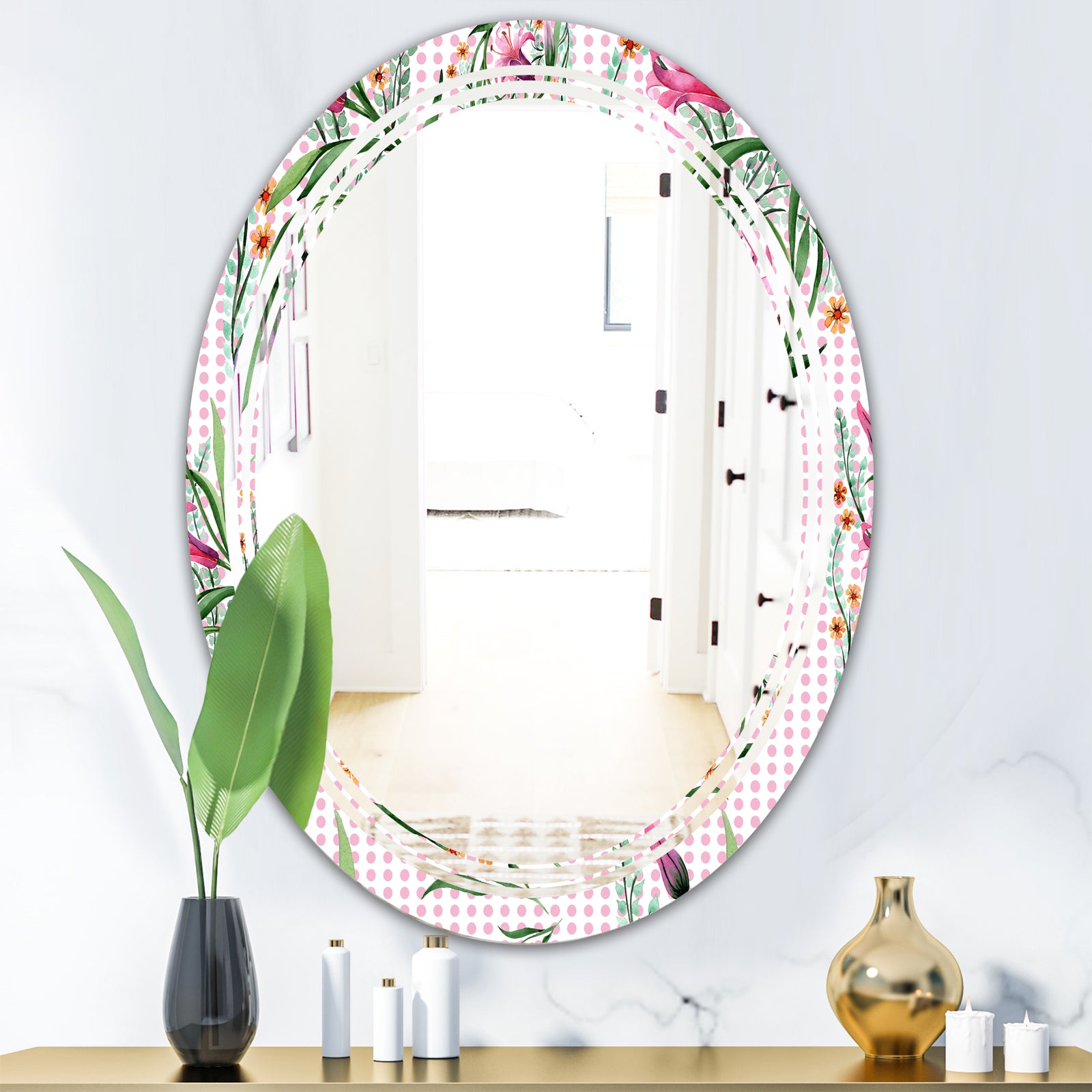 Floral Botanical Retro X - Modern Round or Oval Wall Mirror - Triple C