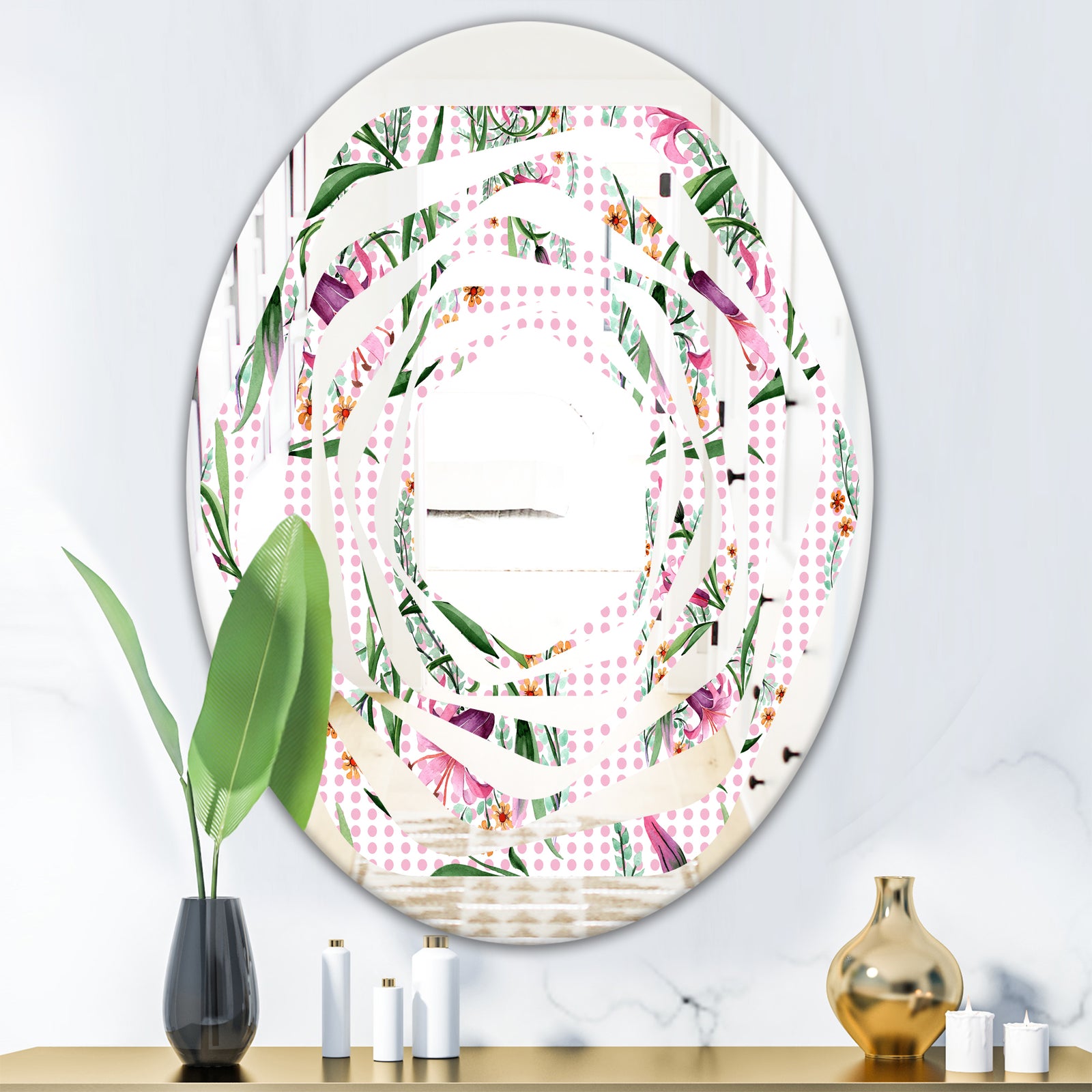 Floral Botanical Retro X - Modern Round or Oval Wall Mirror - Whirl