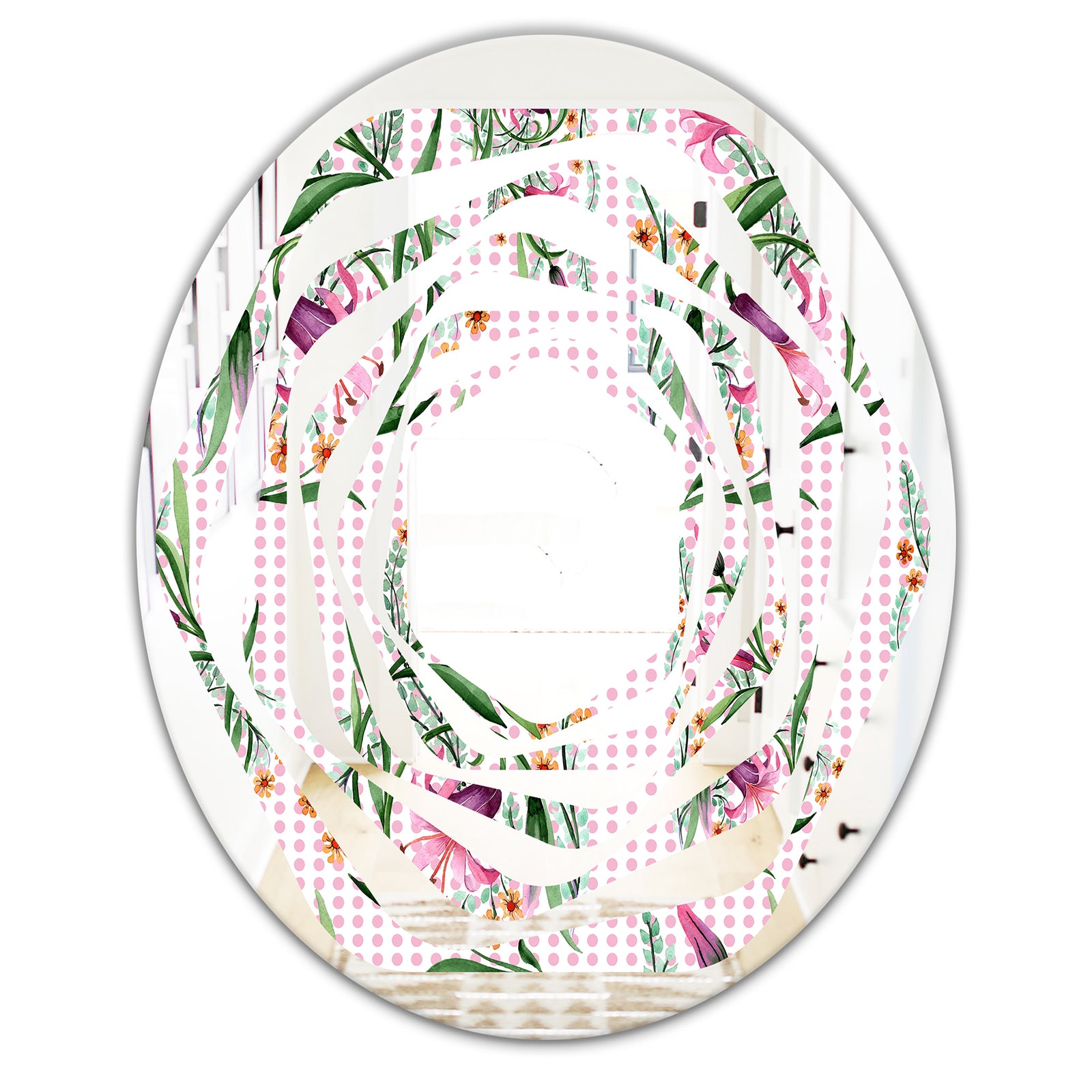 Floral Botanical Retro X - Modern Round or Oval Wall Mirror - Whirl