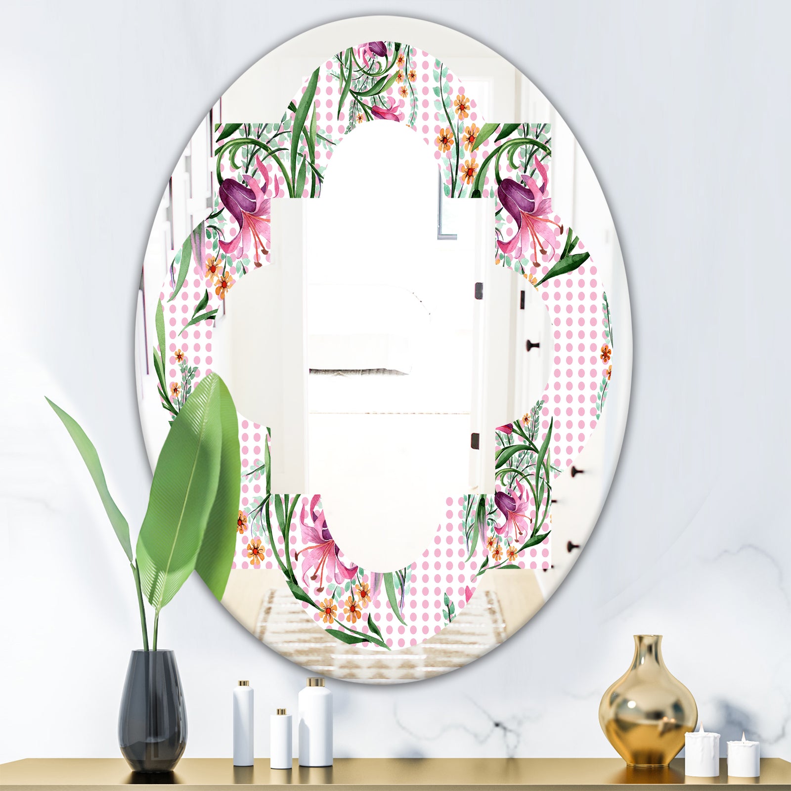 Floral Botanical Retro X - Modern Round or Oval Wall Mirror - Quatrefoil