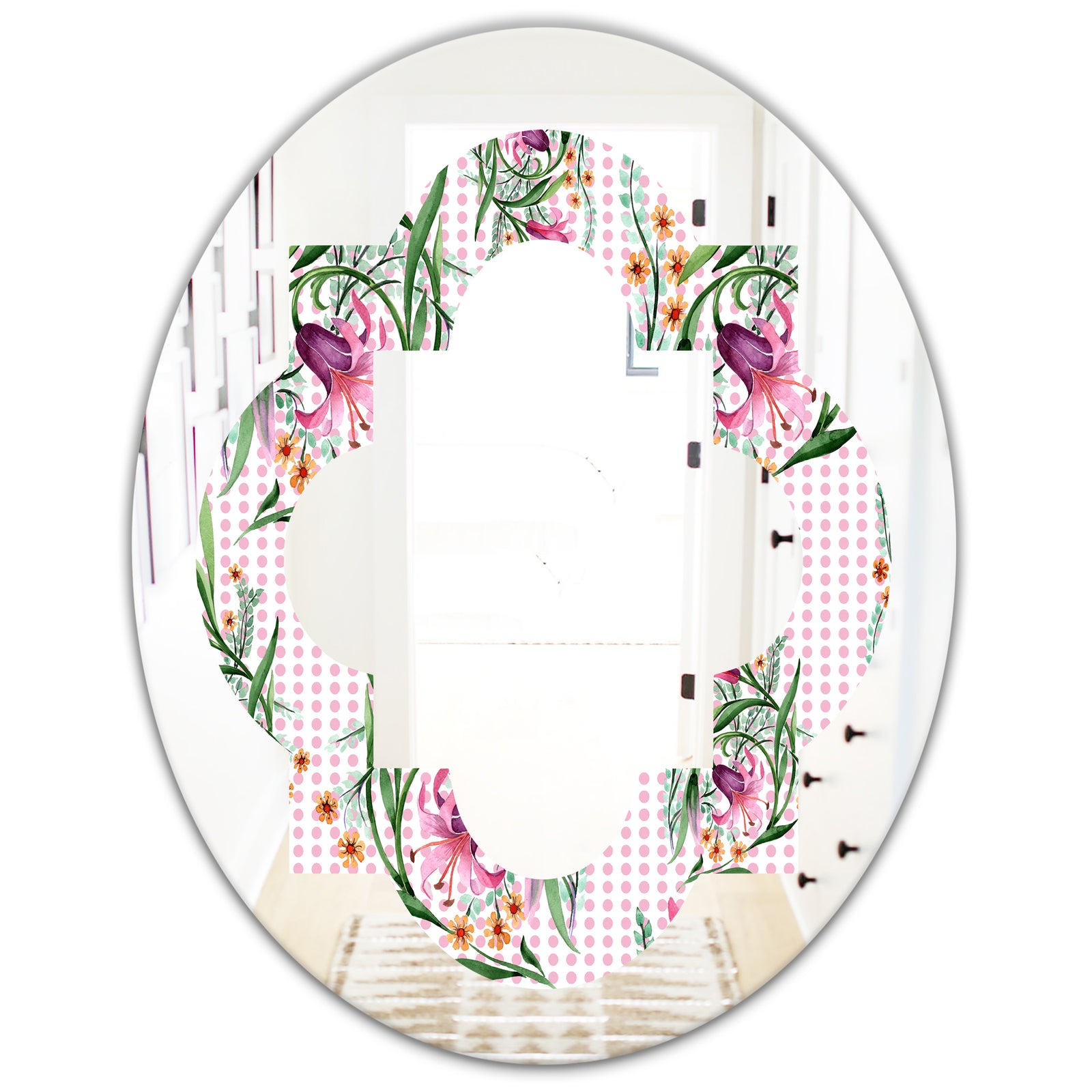 Floral Botanical Retro X - Modern Round or Oval Wall Mirror - Quatrefoil