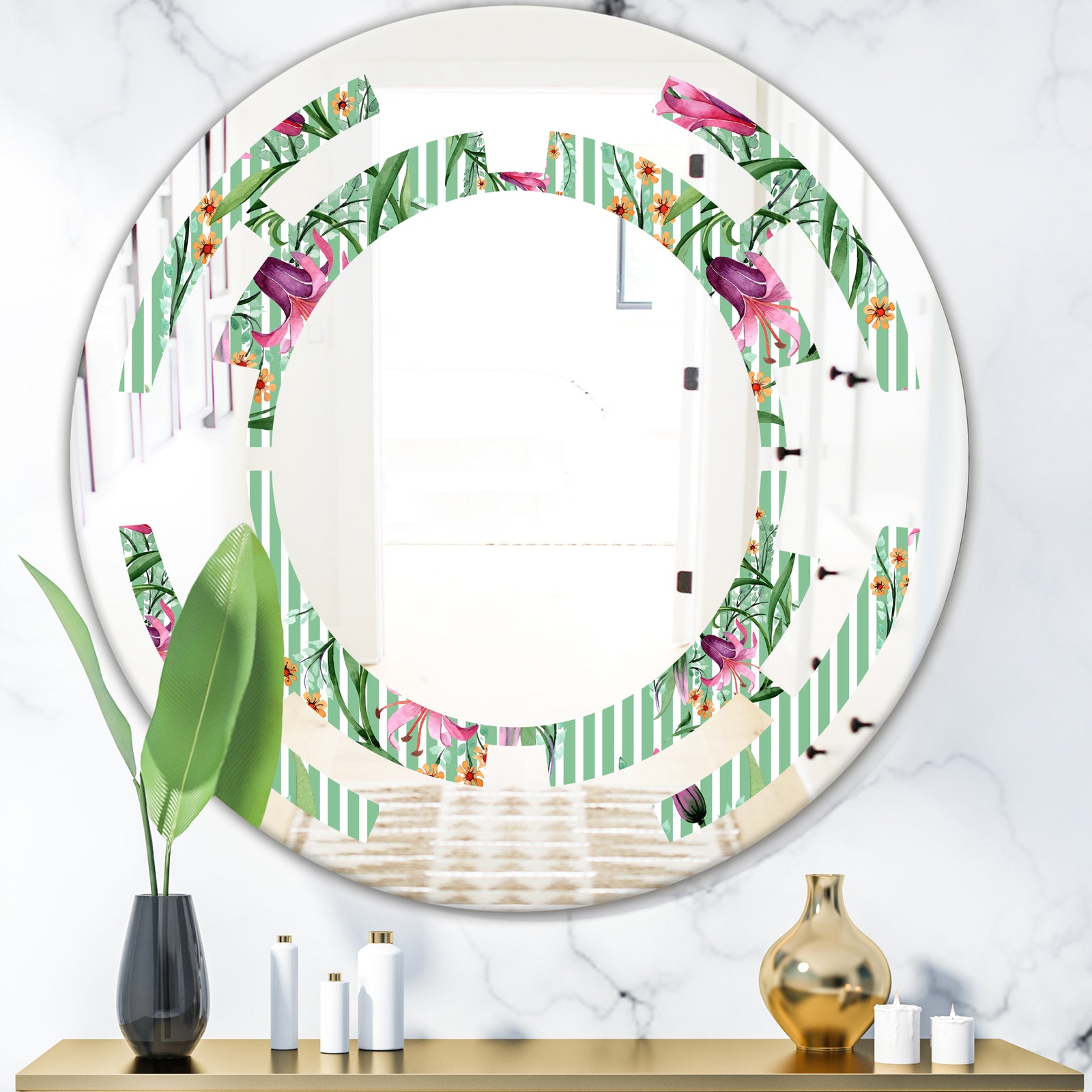 Floral Botanical Retro IX - Modern Round or Oval Wall Mirror - Space
