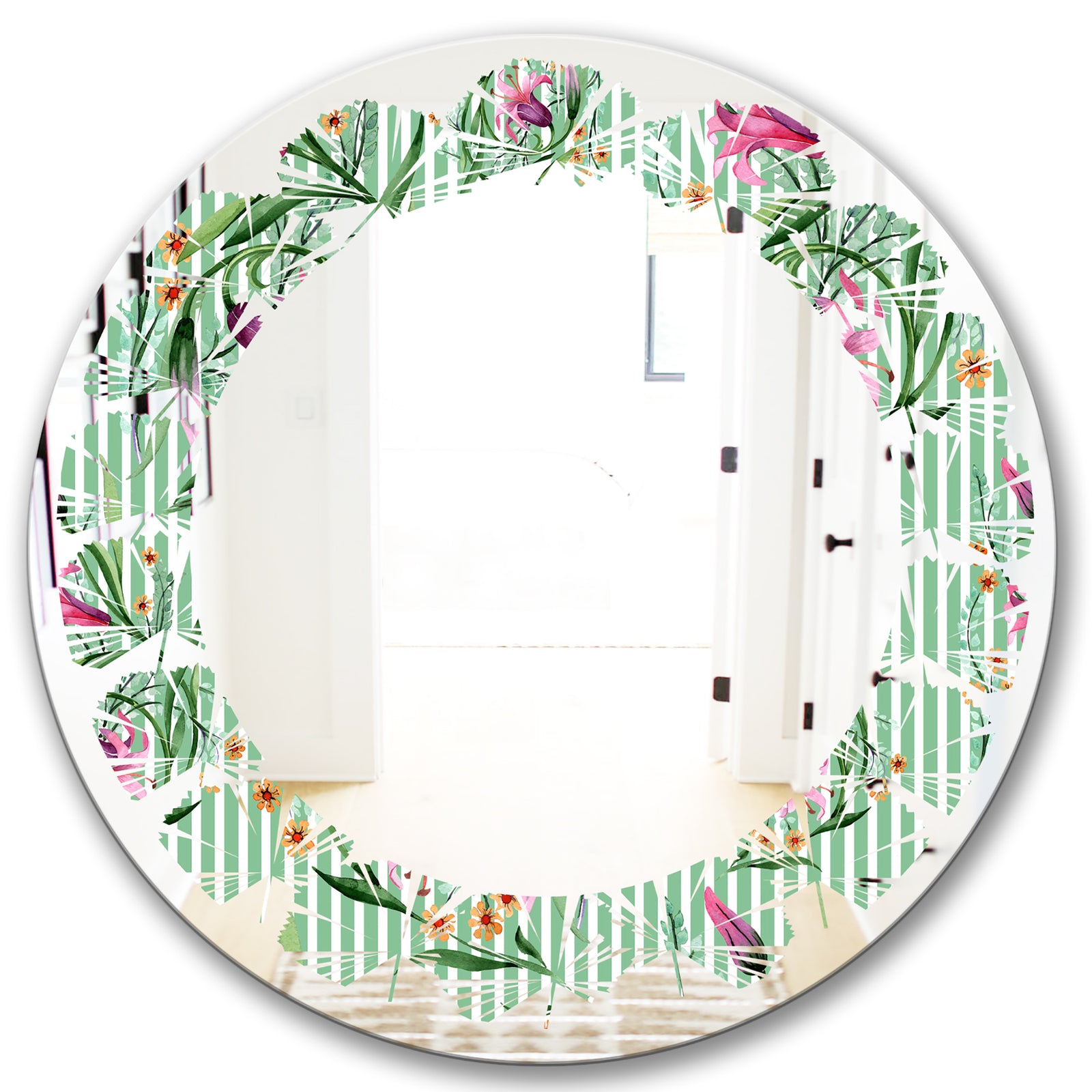 Floral Botanical Retro IX - Modern Round or Oval Wall Mirror - Leaves
