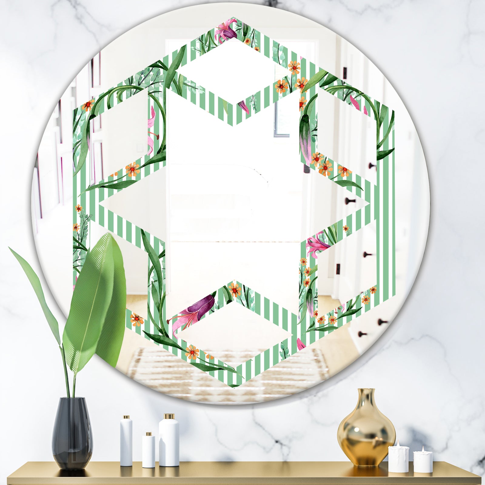 Floral Botanical Retro IX - Modern Round or Oval Wall Mirror - Hexagon Star