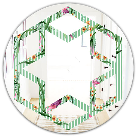 Floral Botanical Retro IX - Modern Round or Oval Wall Mirror - Hexagon Star