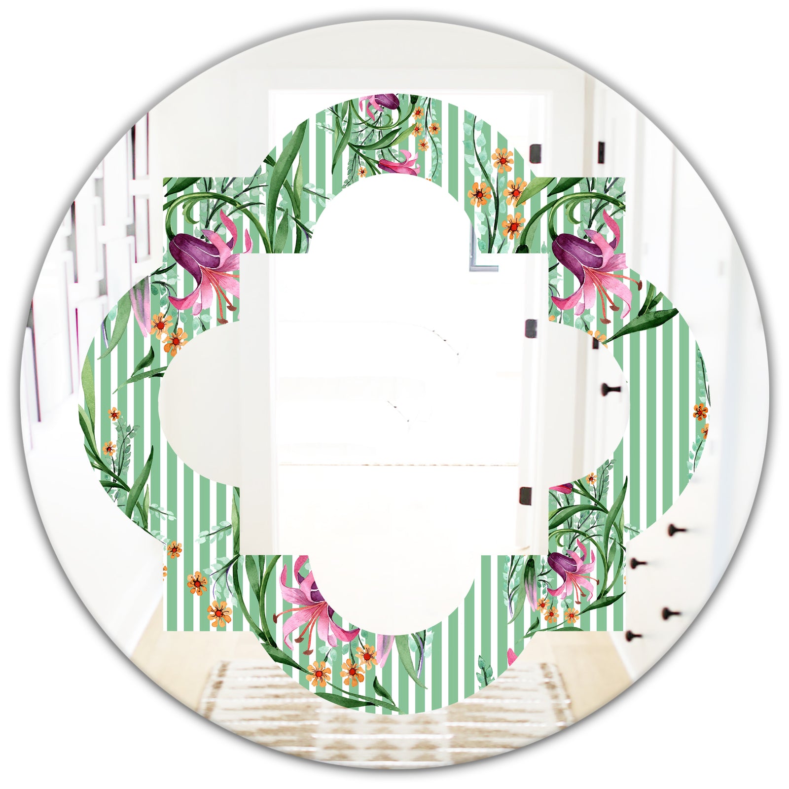 Floral Botanical Retro IX - Modern Round or Oval Wall Mirror - Quatrefoil