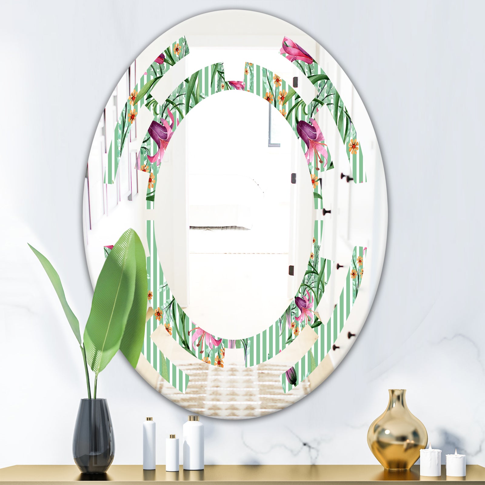 Floral Botanical Retro IX - Modern Round or Oval Wall Mirror - Space