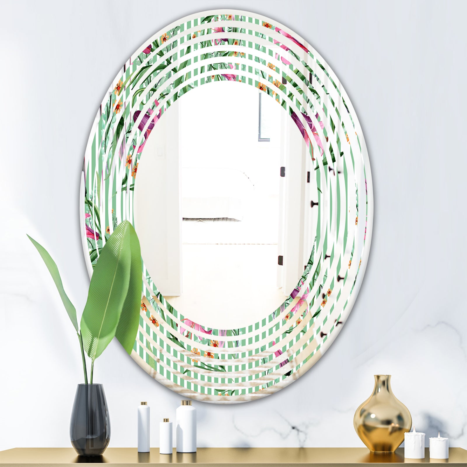 Floral Botanical Retro IX - Modern Round or Oval Wall Mirror - Wave
