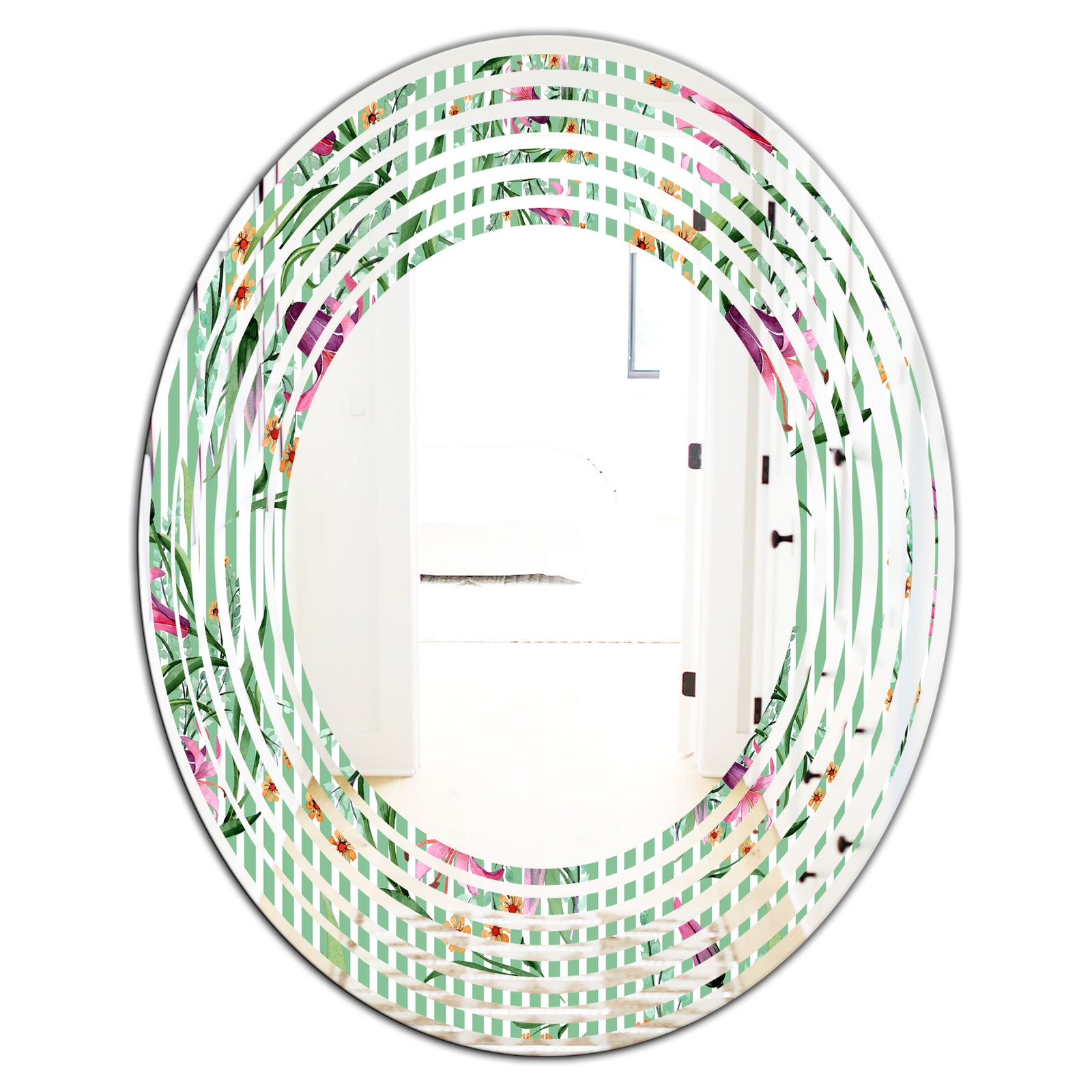 Floral Botanical Retro IX - Modern Round or Oval Wall Mirror - Wave