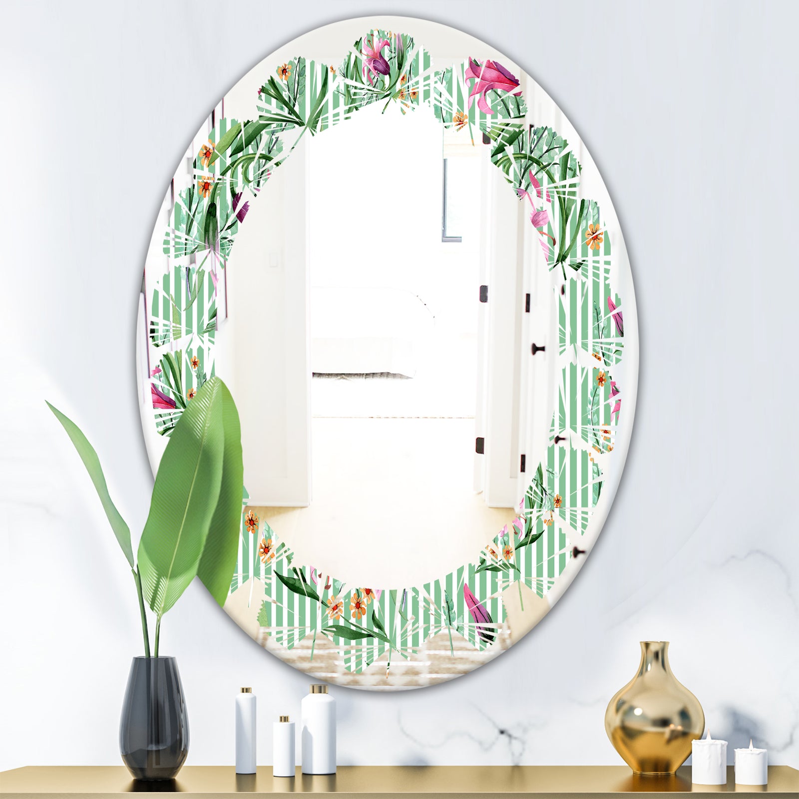 Floral Botanical Retro IX - Modern Round or Oval Wall Mirror - Leaves