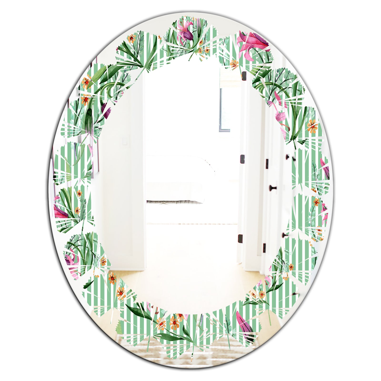 Floral Botanical Retro IX - Modern Round or Oval Wall Mirror - Leaves