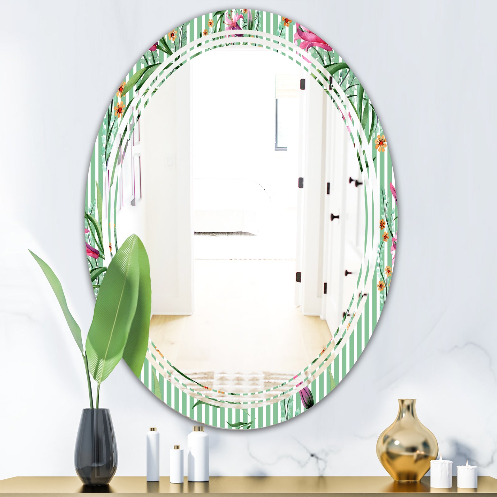 Floral Botanical Retro IX - Modern Round or Oval Wall Mirror - Triple C