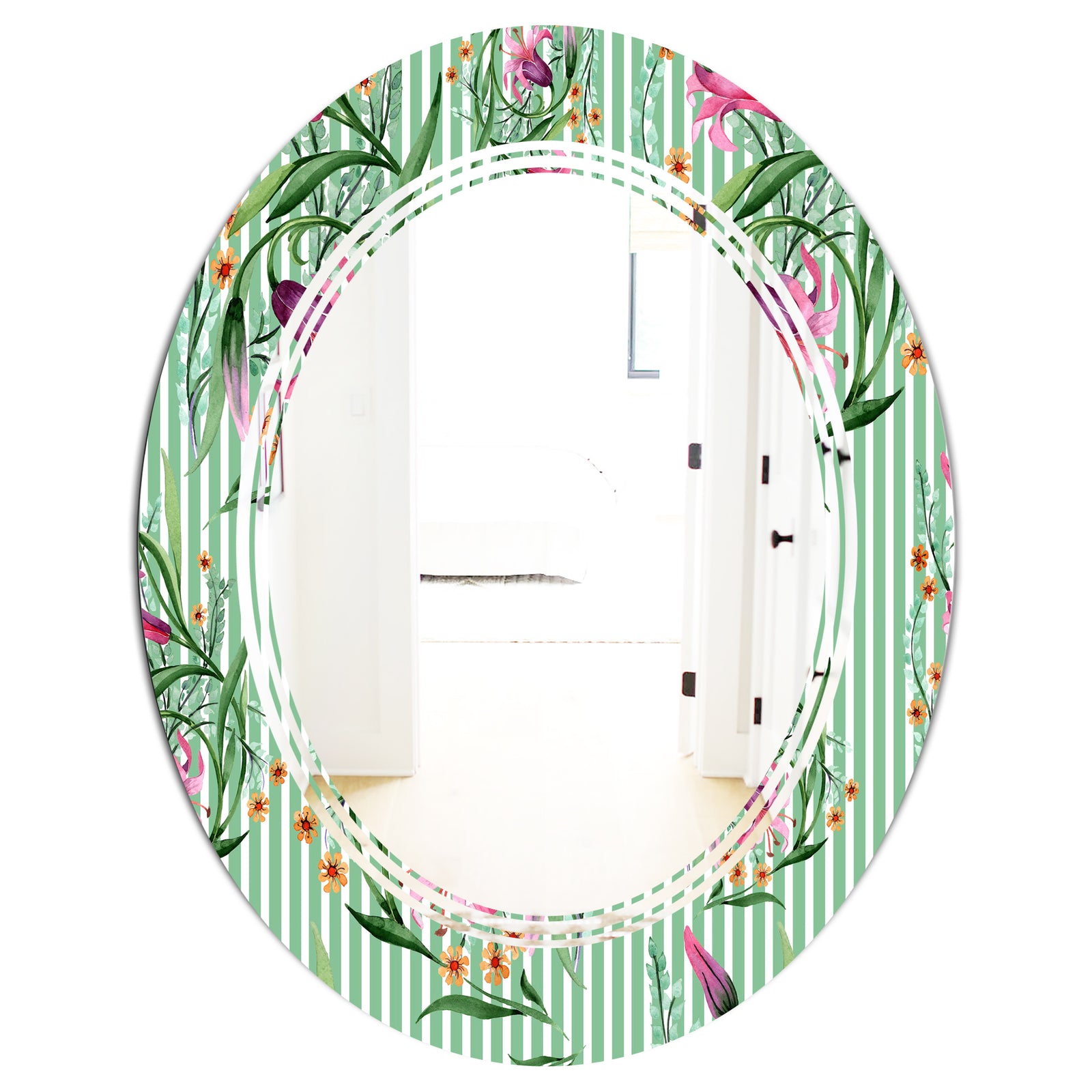 Floral Botanical Retro IX - Modern Round or Oval Wall Mirror - Triple C