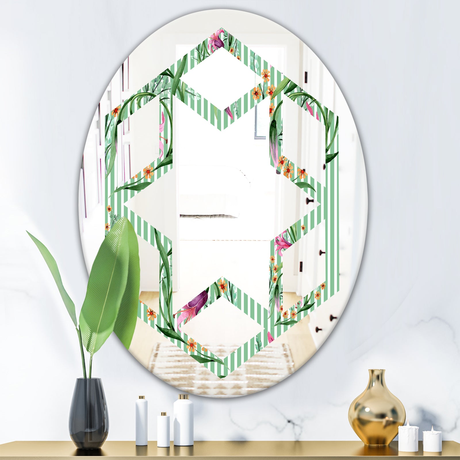 Floral Botanical Retro IX - Modern Round or Oval Wall Mirror - Hexagon Star