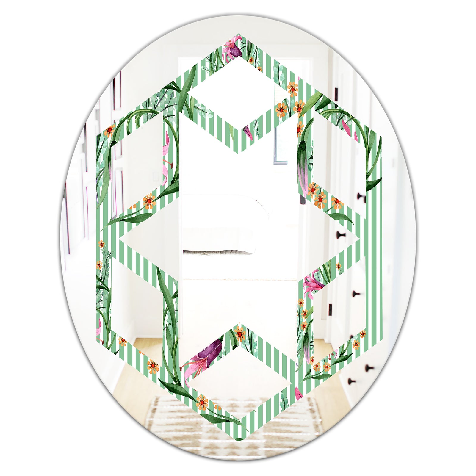Floral Botanical Retro IX - Modern Round or Oval Wall Mirror - Hexagon Star
