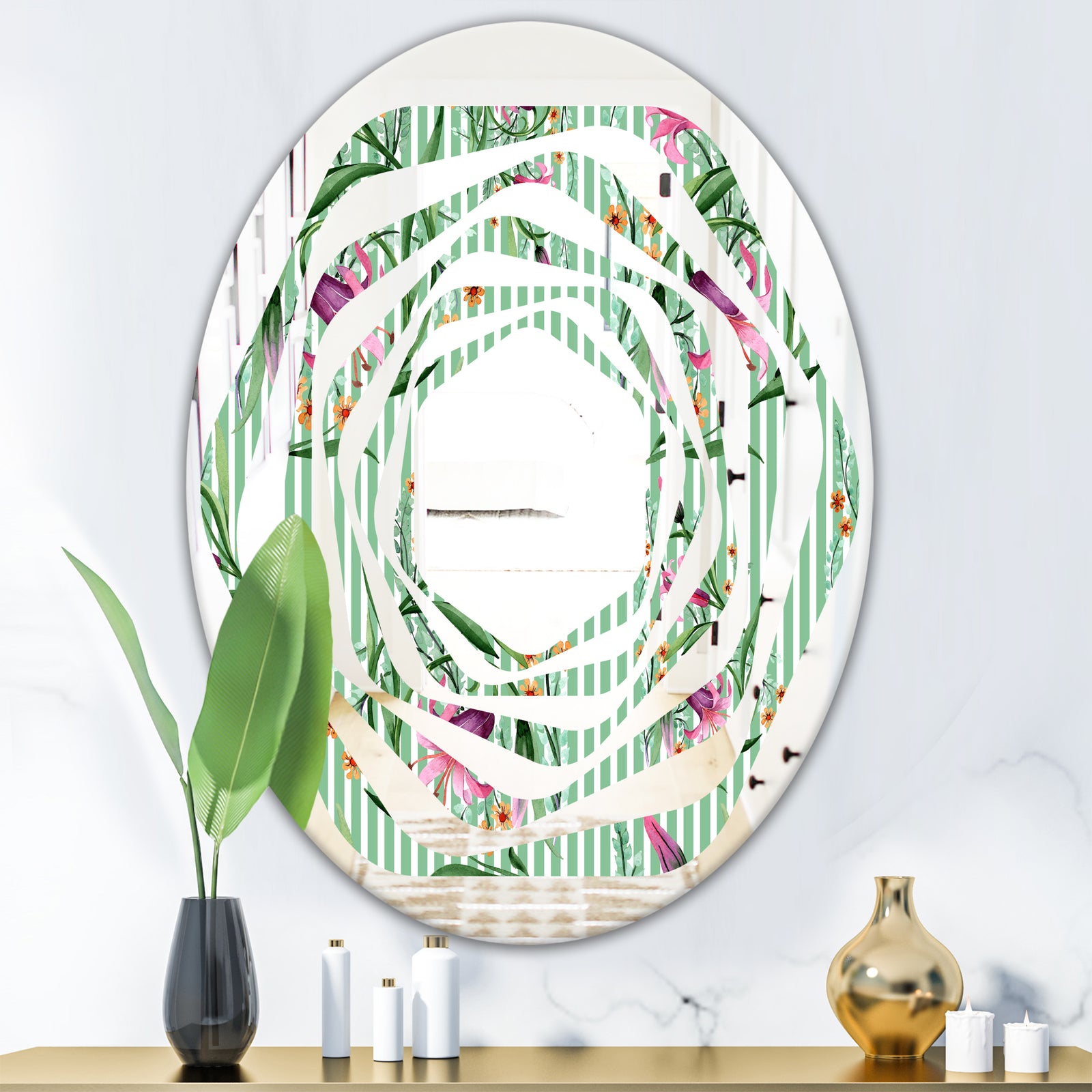 Floral Botanical Retro IX - Modern Round or Oval Wall Mirror - Whirl