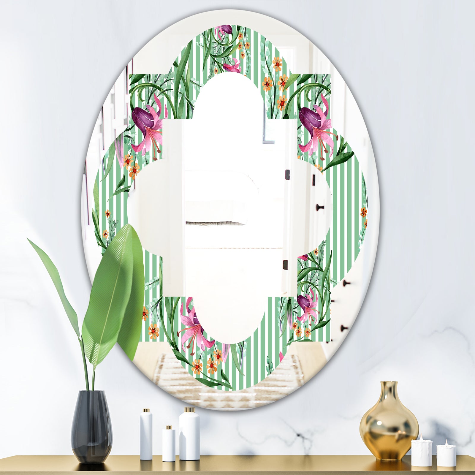 Floral Botanical Retro IX - Modern Round or Oval Wall Mirror - Quatrefoil