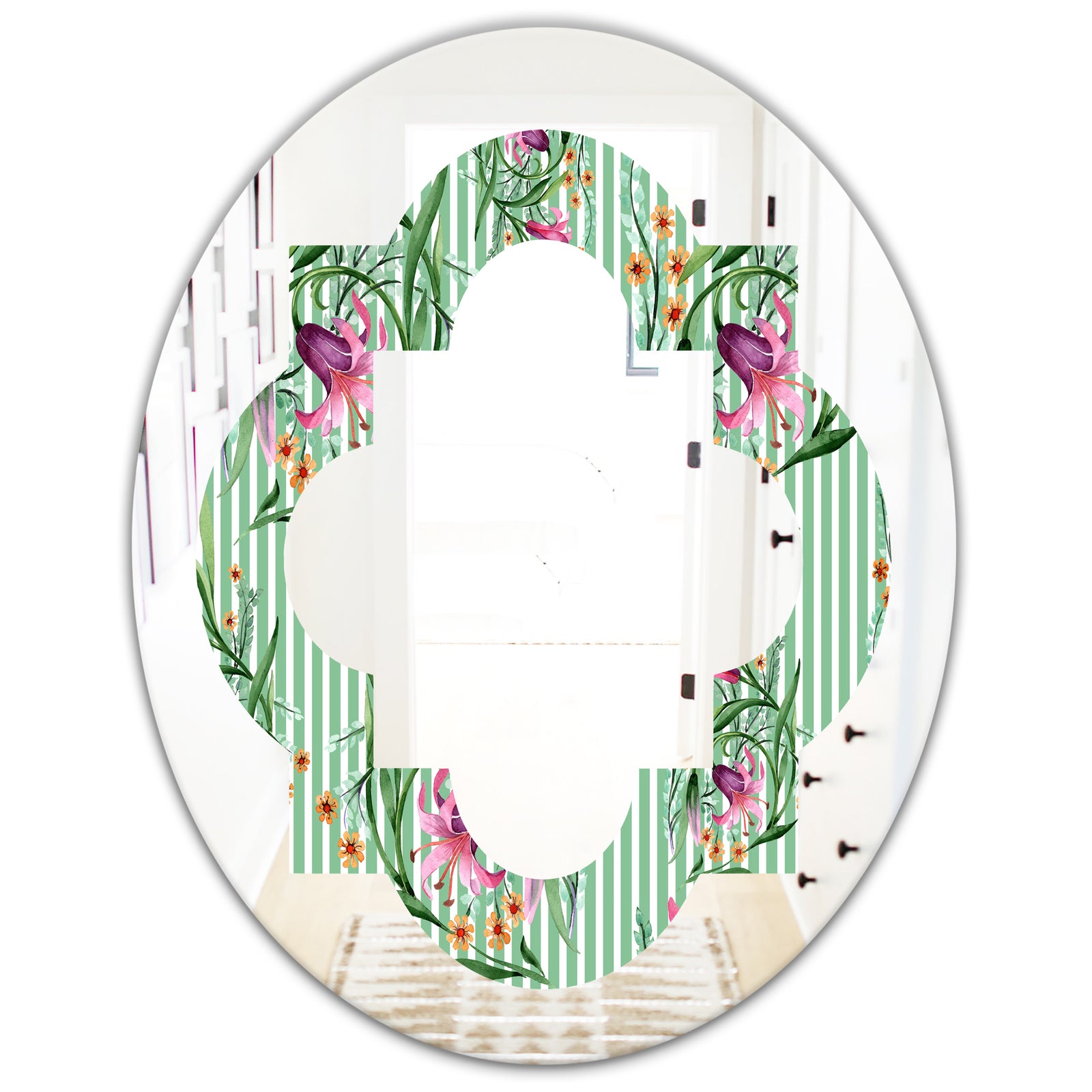 Floral Botanical Retro IX - Modern Round or Oval Wall Mirror - Quatrefoil
