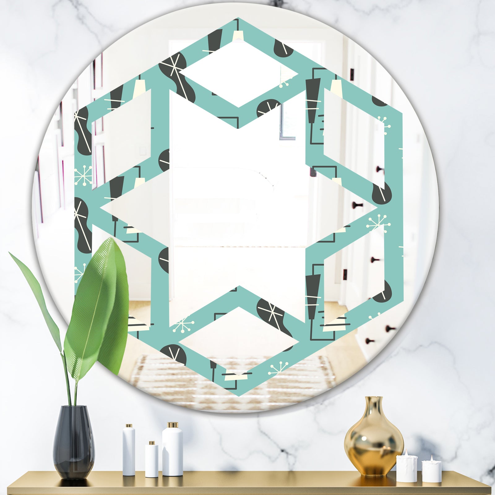 1950 Retro Pattern II - Modern Round or Oval Wall Mirror - Hexagon Star