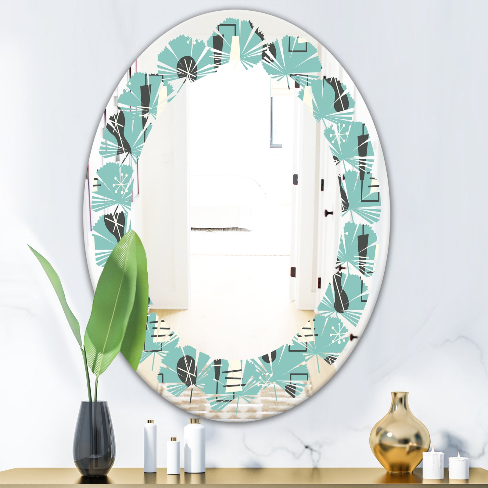 1950 Retro Pattern II - Modern Round or Oval Wall Mirror - Leaves