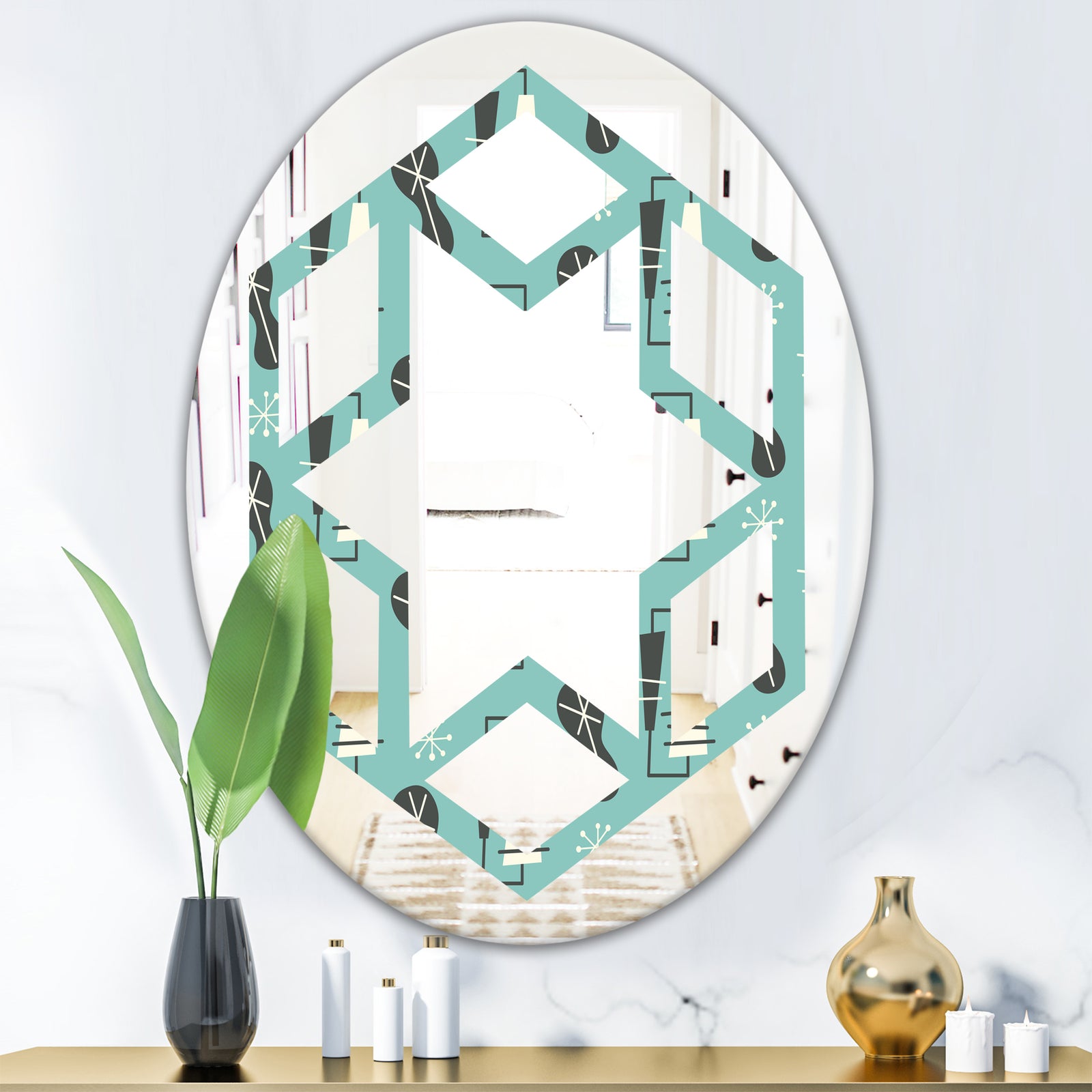 1950 Retro Pattern II - Modern Round or Oval Wall Mirror - Hexagon Star